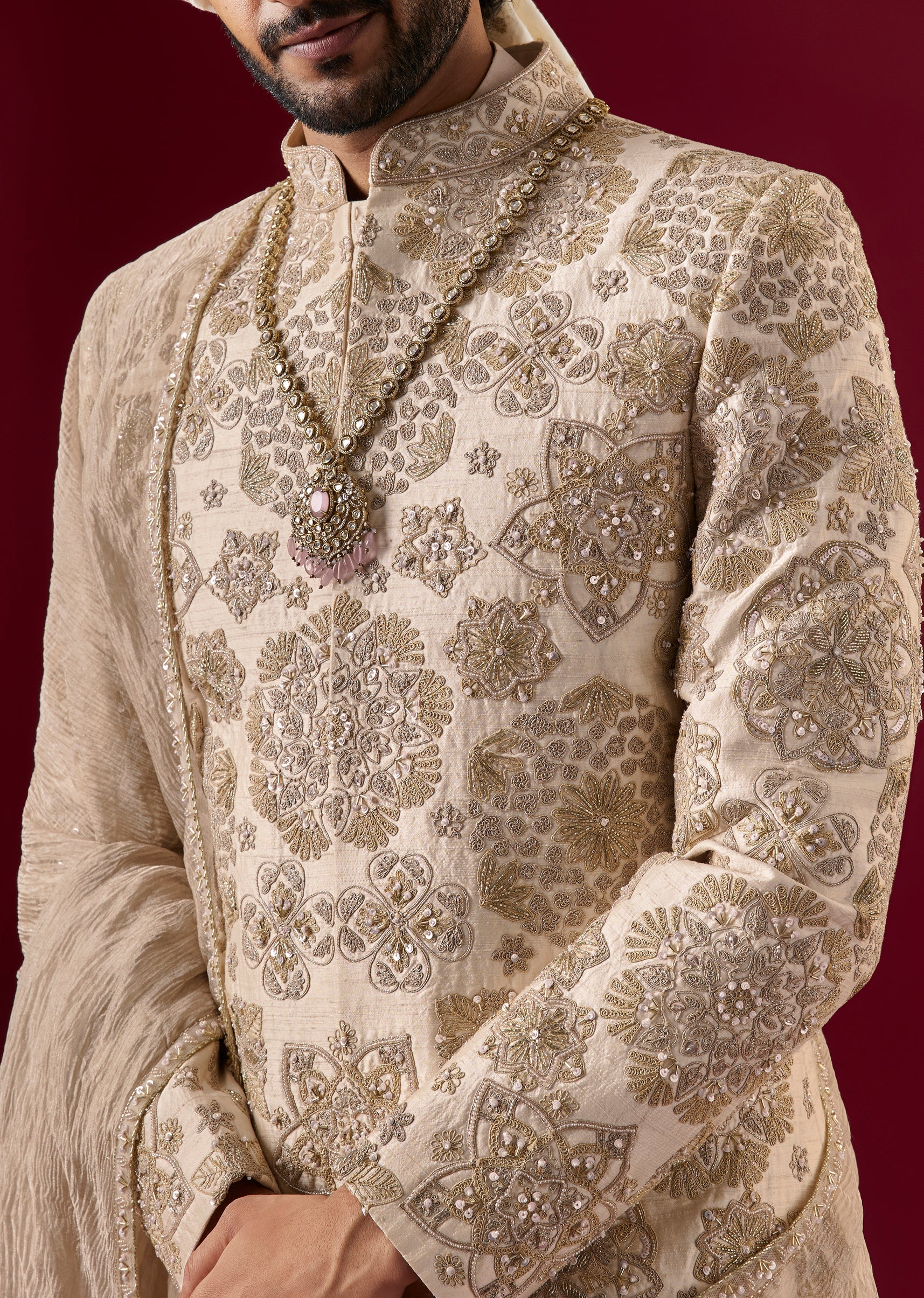 Powder Pink Bamboo Silk Sherwani Set With Zari Work - Image 3