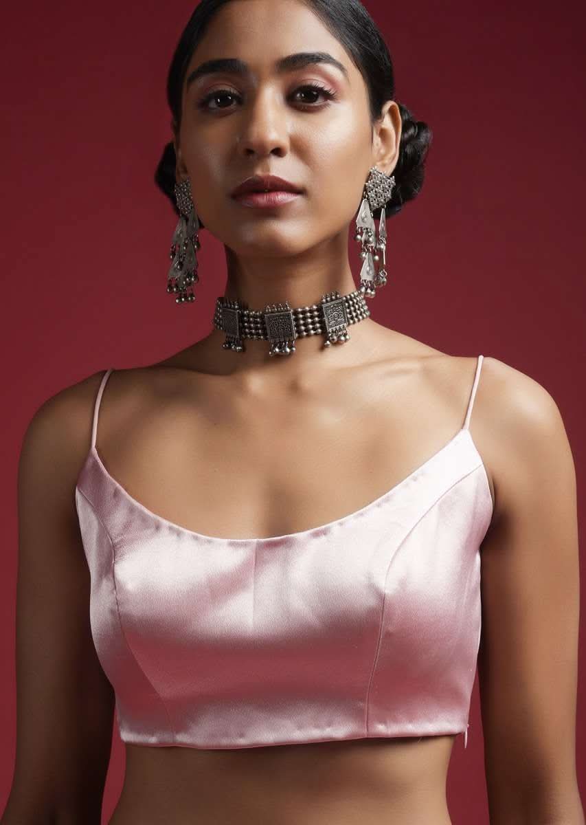 Powder Pink Blouse In Milano Satin With Spaghetti Straps On The Shoulders - Image 3