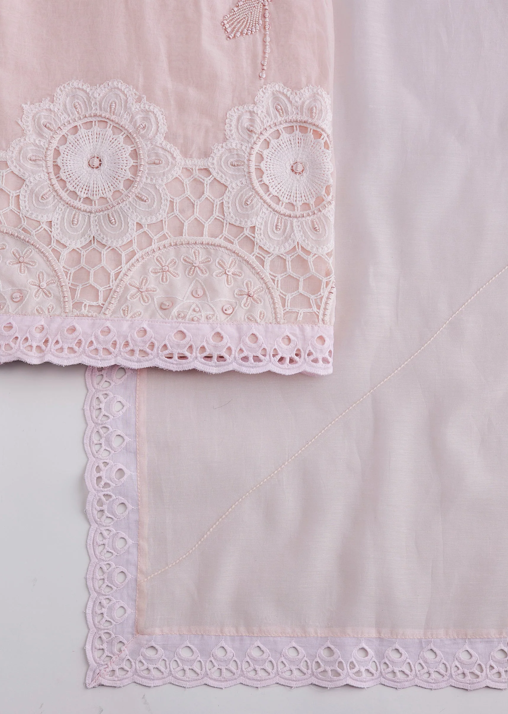 Powder Pink Cotton Lace Work Unstitched Suit Set With Dupatta - Image 3