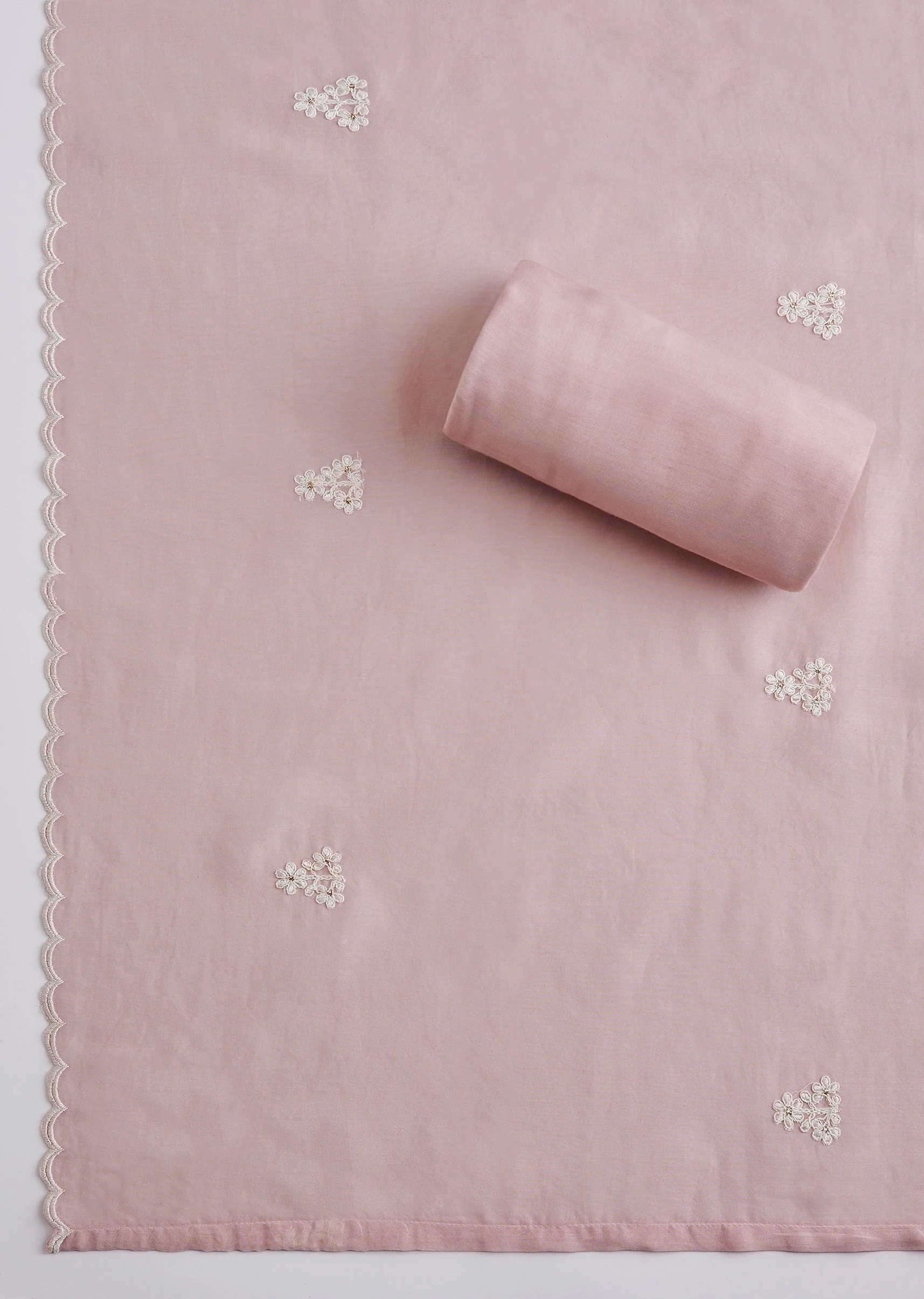 Powder Pink Embroidered Cotton Unstitched Suit Set Dupatta - Image 4