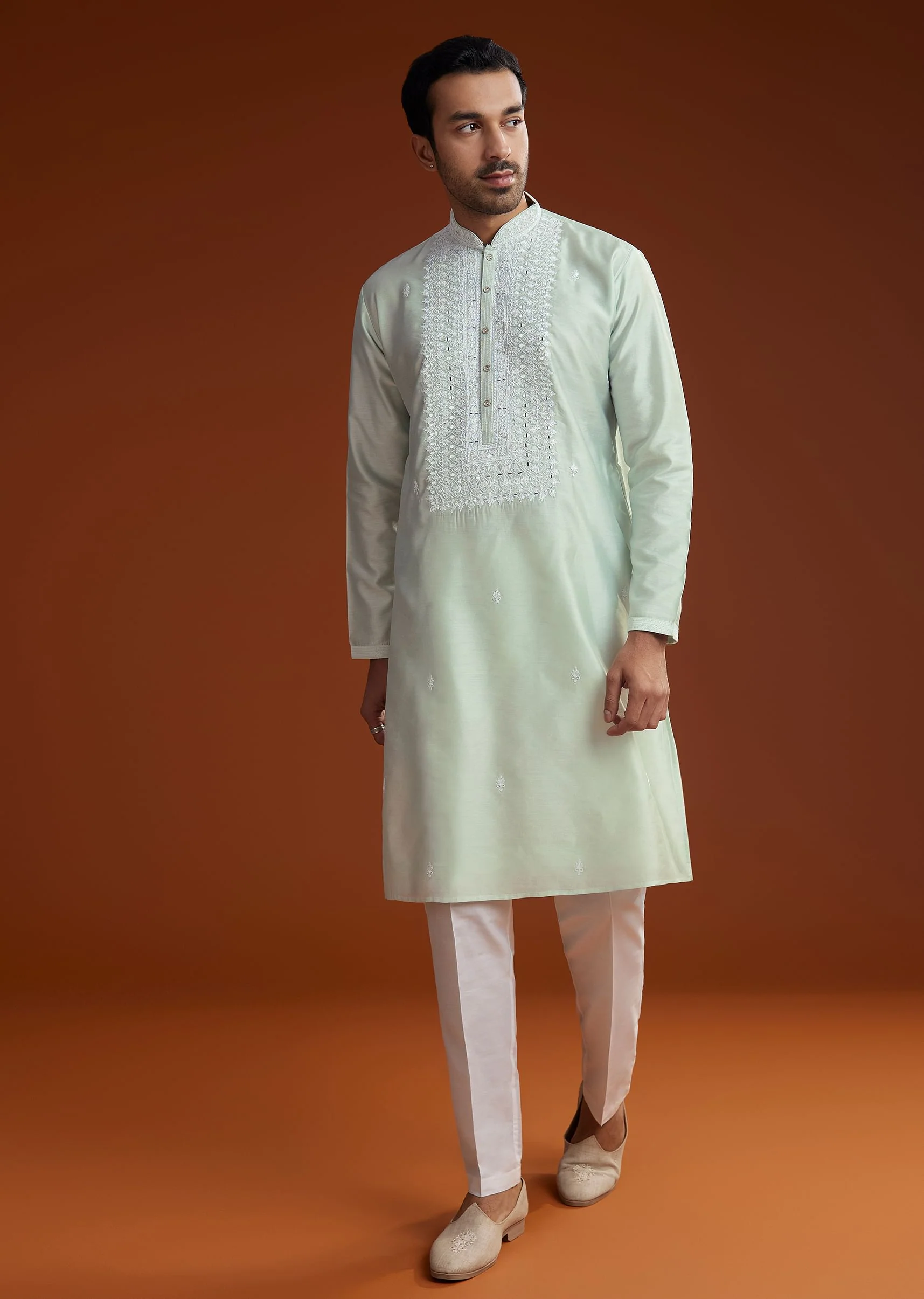Powder Pista Green Silk Kurta Set With Resham Embroidery - Image 4