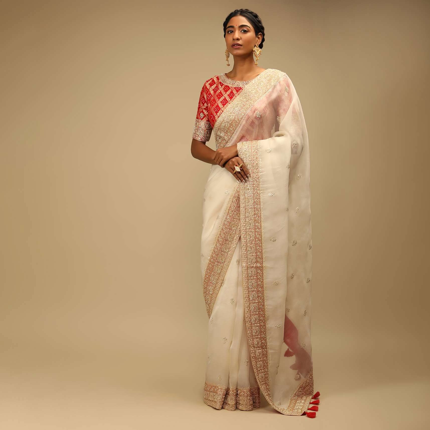 Powder White Saree In Organza With Zardosi Border And Bandhani Printed Ready Blouse - Image 2