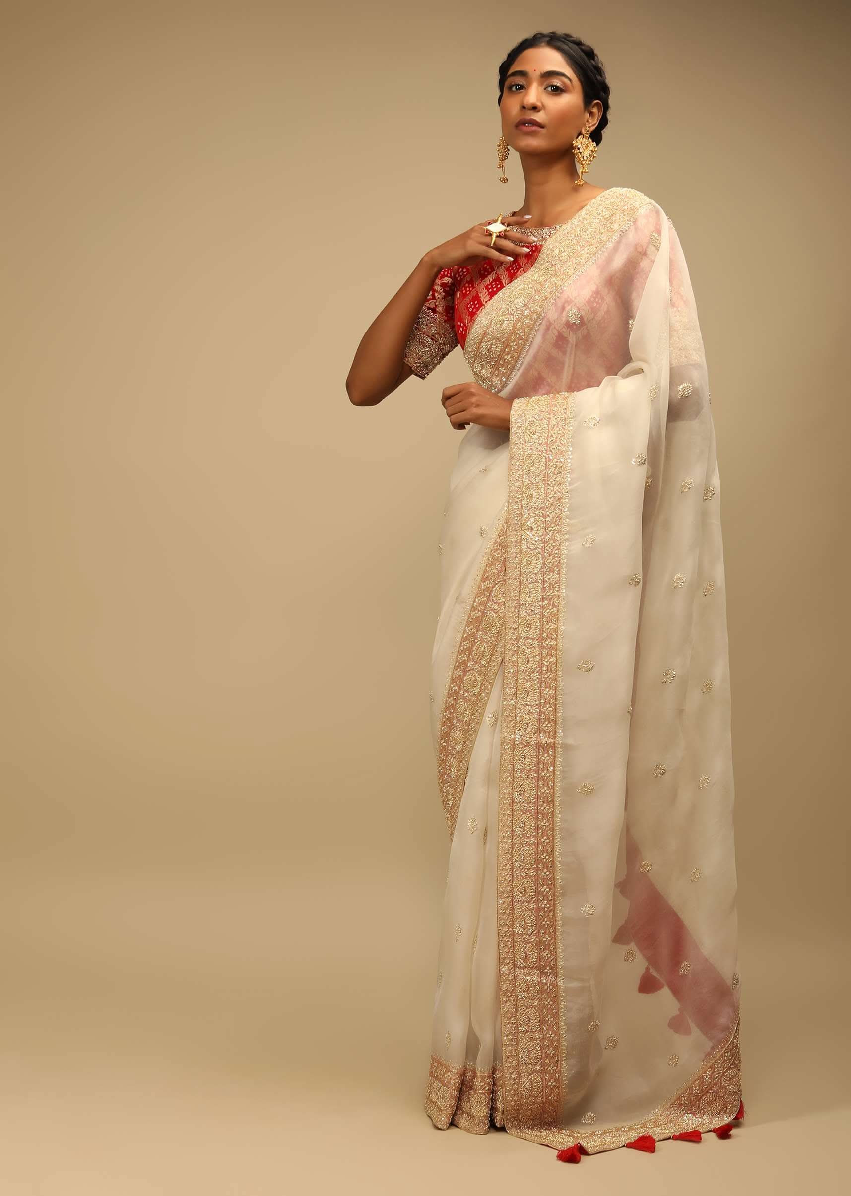 Powder White Saree In Organza With Zardosi Border And Bandhani Printed Ready Blouse - Image 3