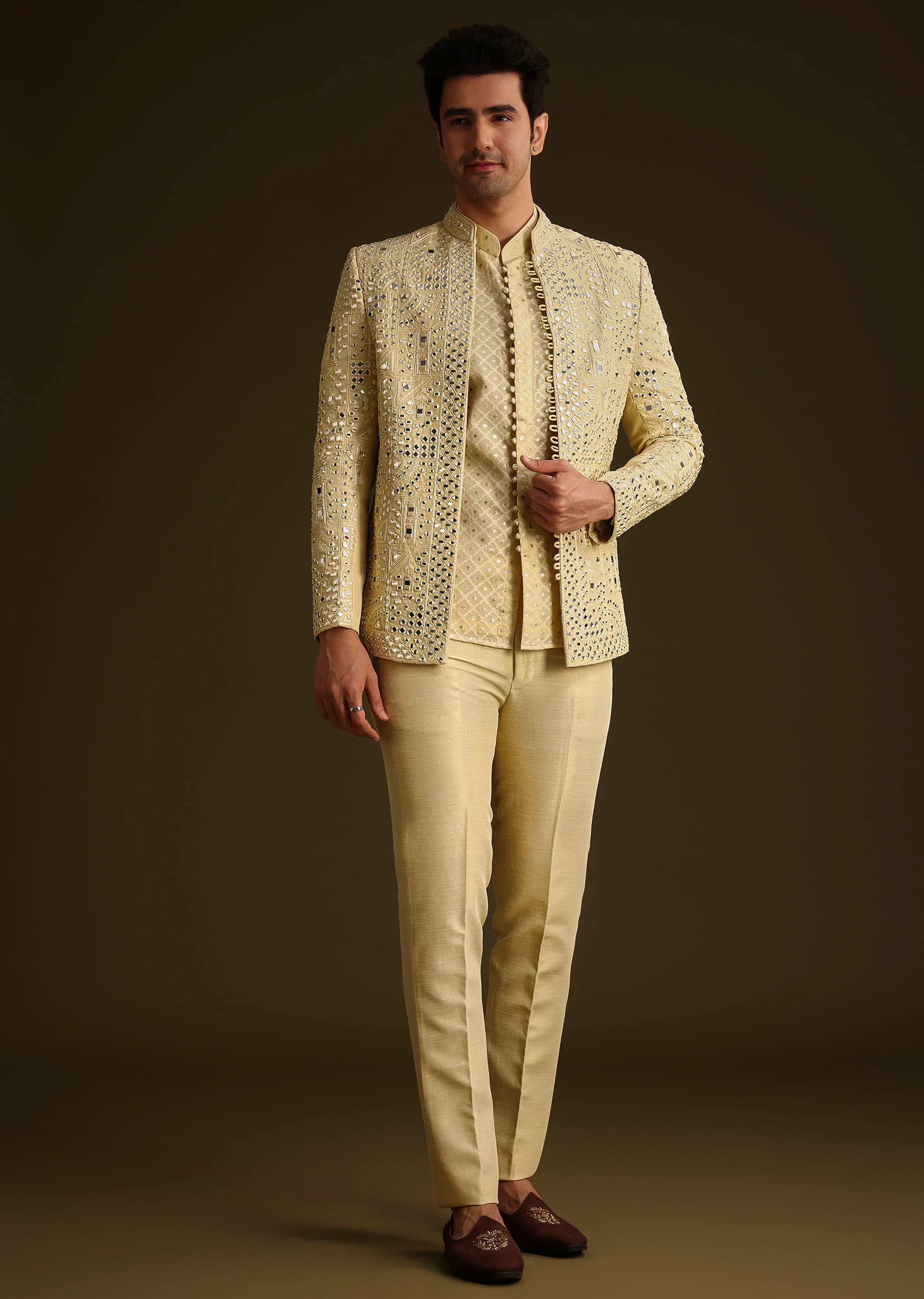 Powder Yellow Silk Mirror Work Indo Jacket Set - Image 4
