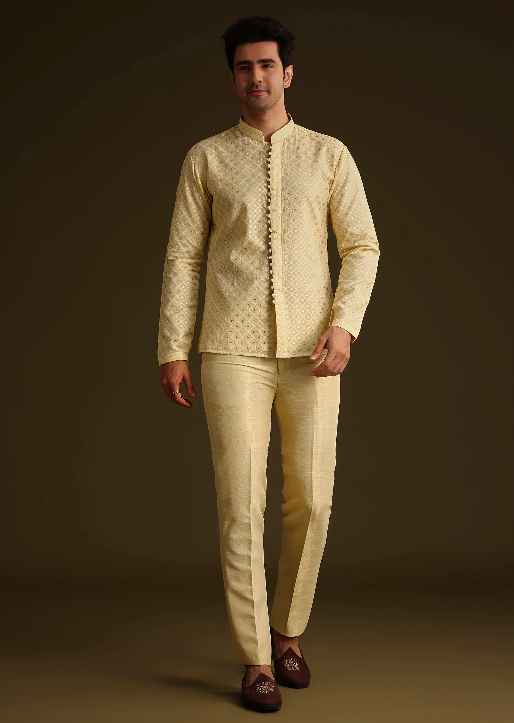 Powder Yellow Silk Mirror Work Indo Jacket Set - Image 6
