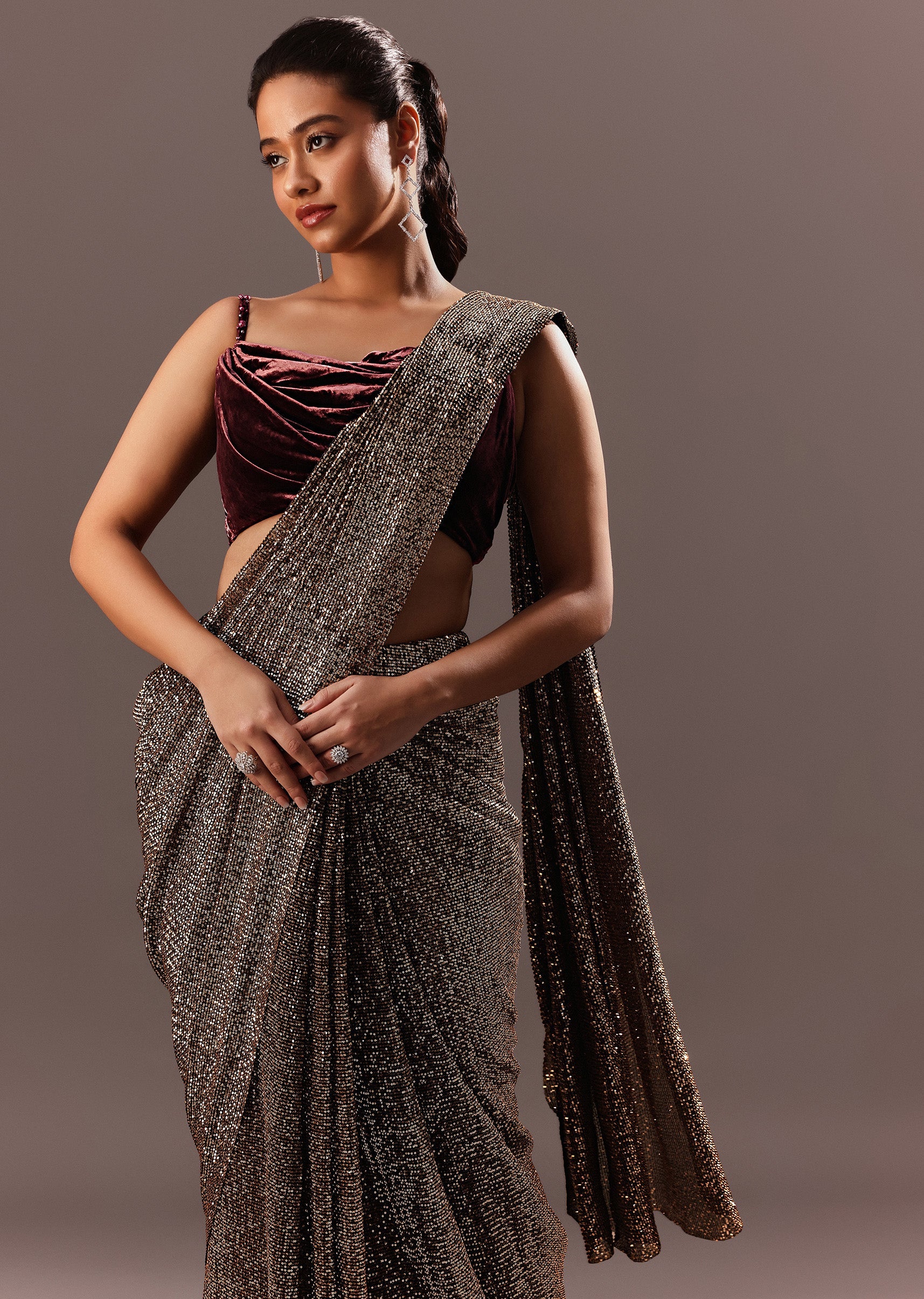 Pre Stitched Brown Sequined Saree With Cowl Blouse - Image 4