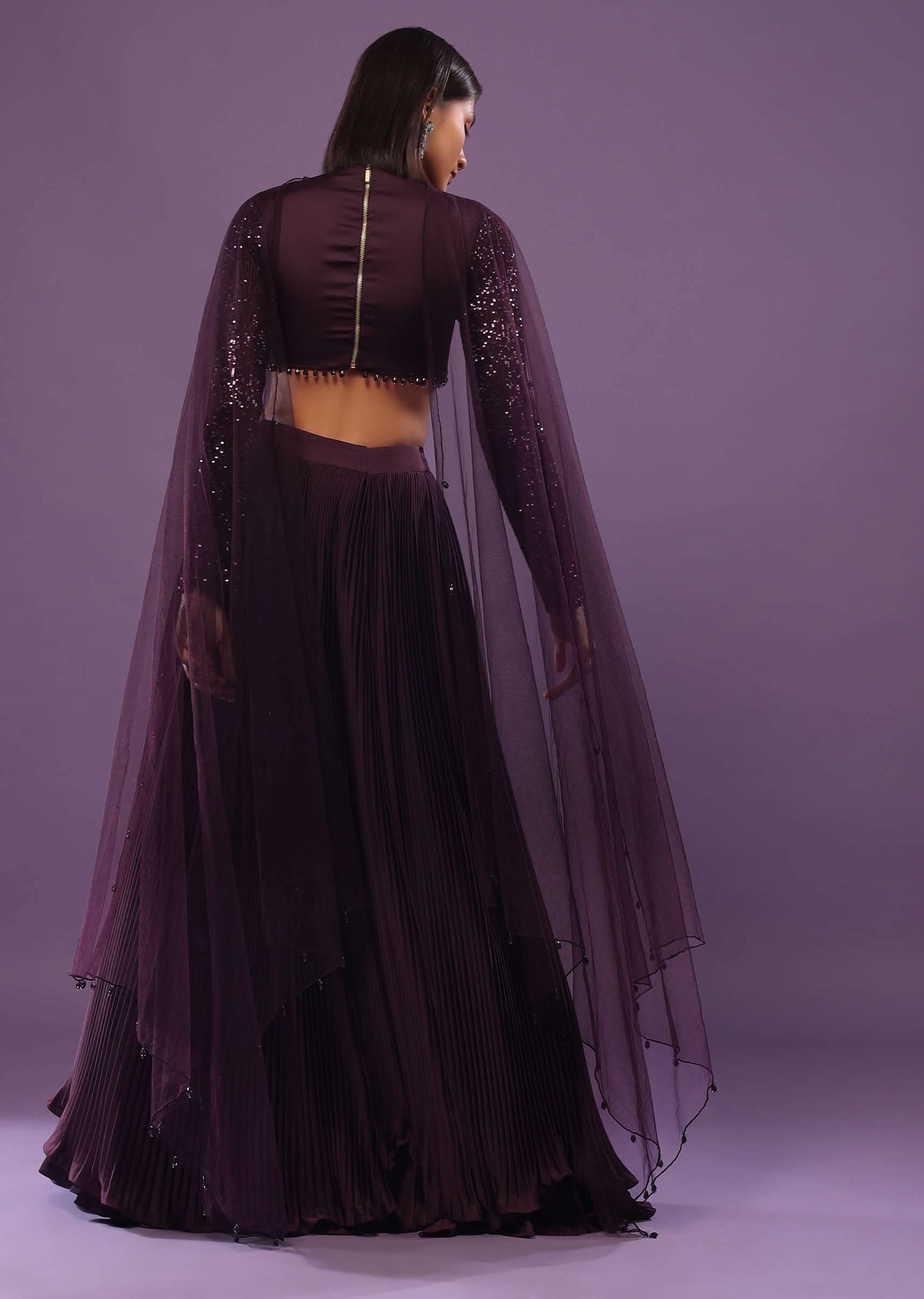 Wine Purple Embroidered Lehenga Set In Satin - Image 5