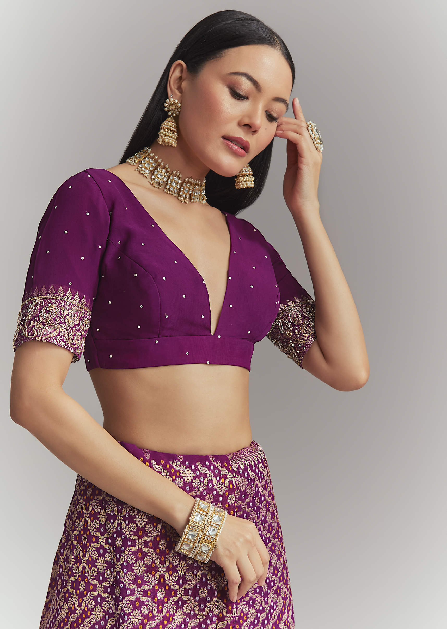 Purple Banarasi Georgette Embroidered Saree With Heavy Hand Embroidery - Image 7