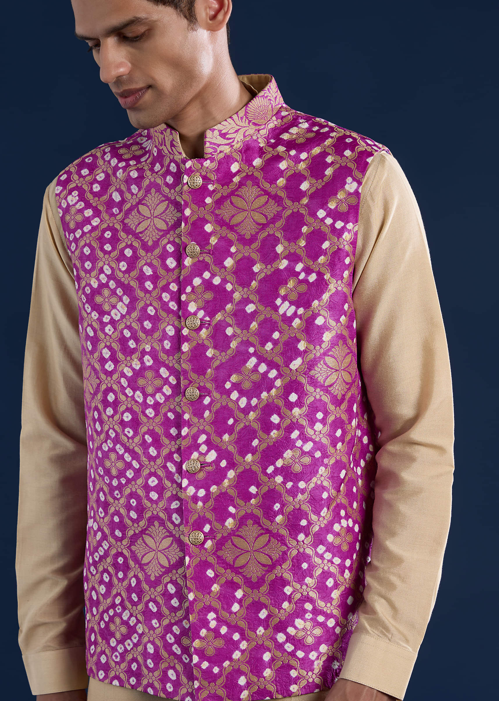 Purple Bandhani Silk Mens Jacket Kurta Set - Image 2