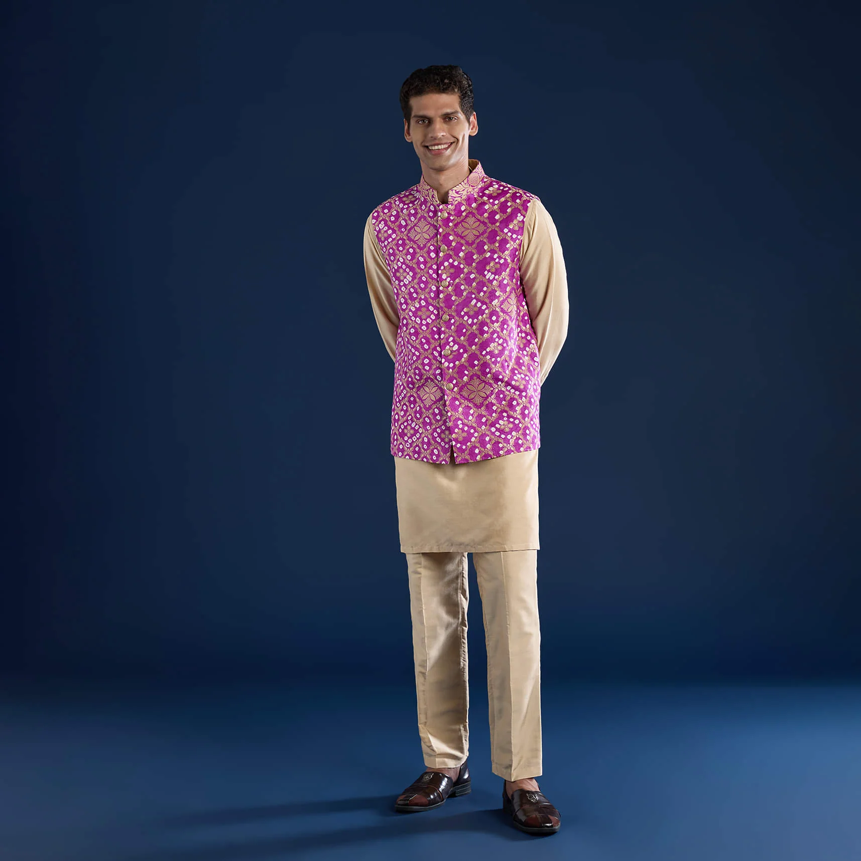Purple Bandhani Silk Mens Jacket Kurta Set - Image 4