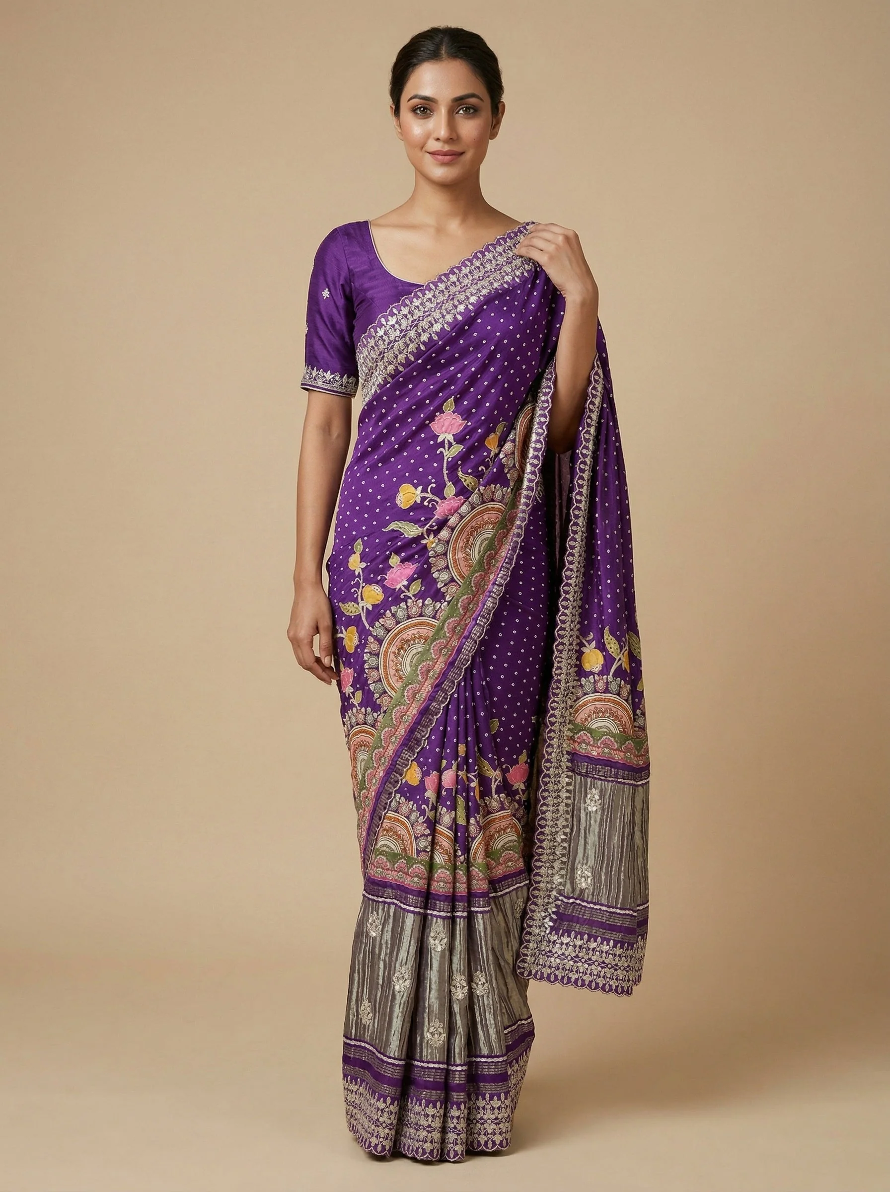 Purple Bandhini Heritage Saree
