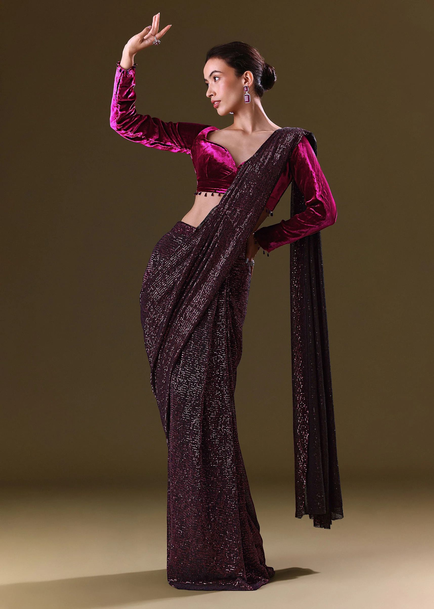Purple Berry Pre Stitched Sequin Saree With Sweetheart Neck Blouse