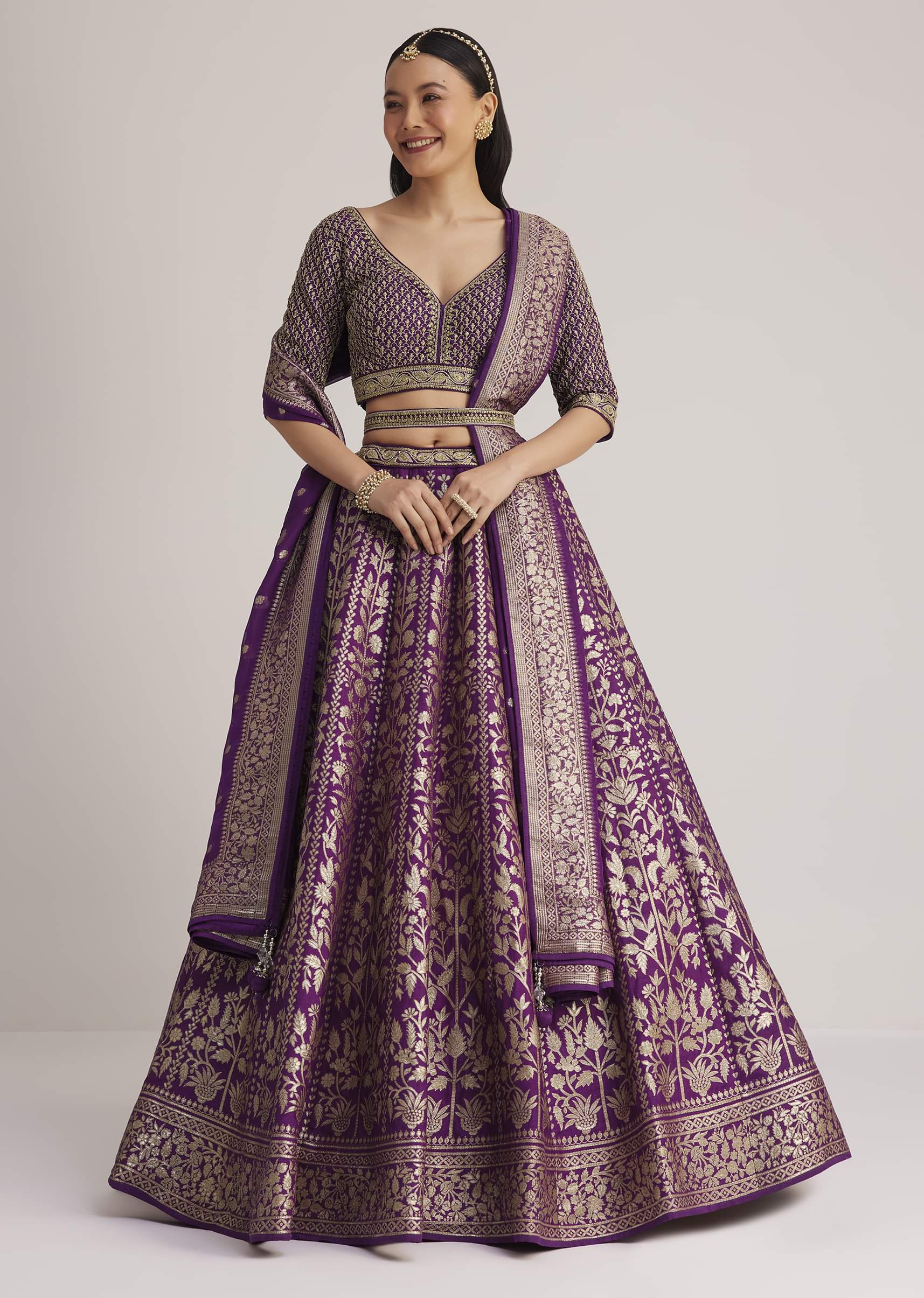Purple Brocade Embroidered Lehenga Set - Image 2