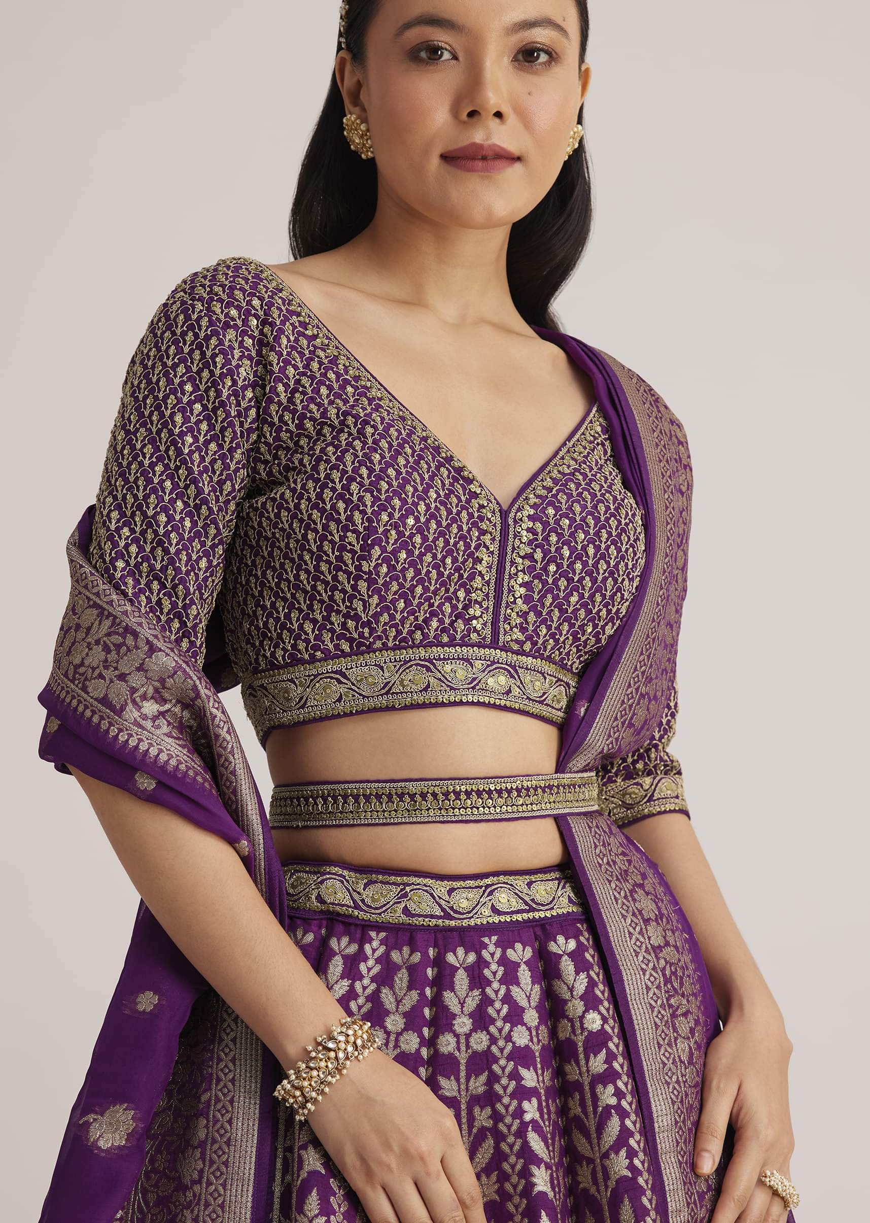 Purple Brocade Embroidered Lehenga Set - Image 3