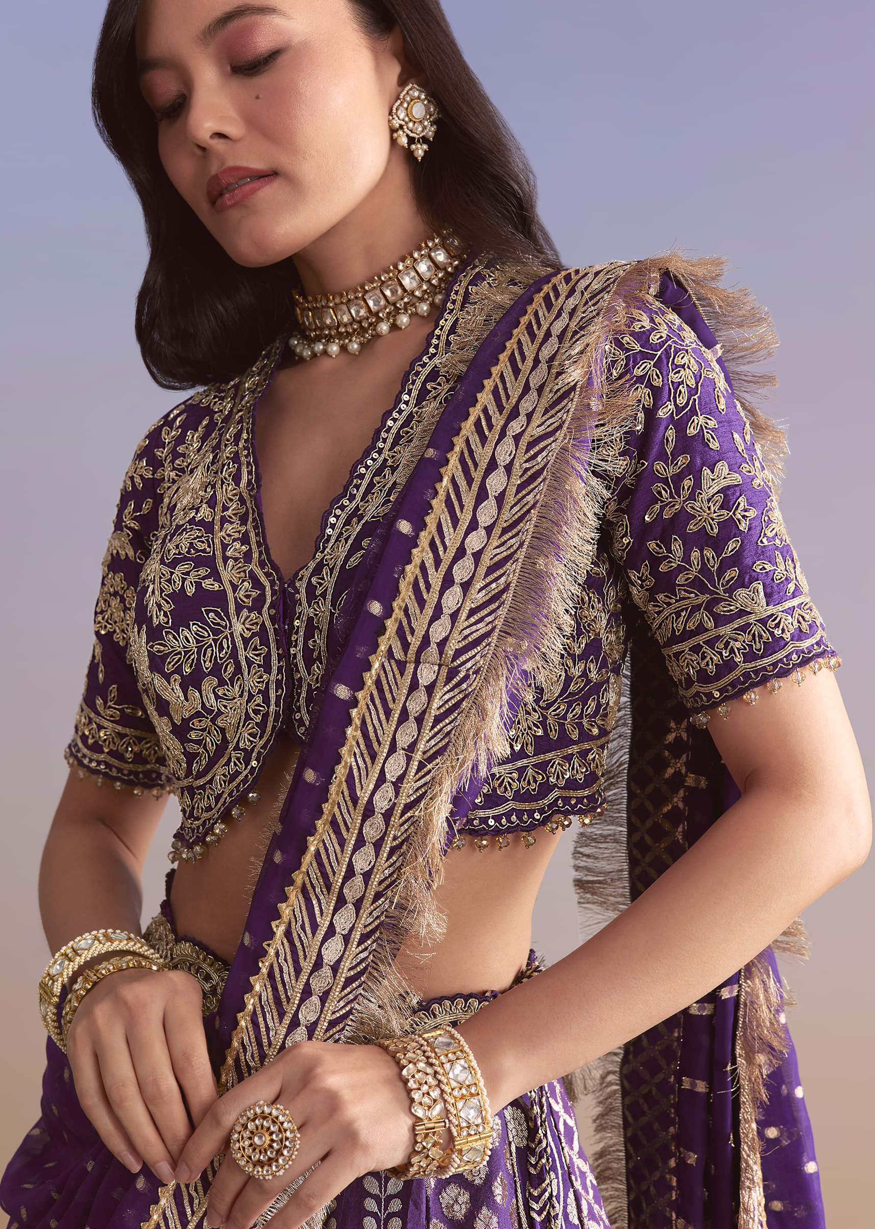 Purple Brocade Silk Bridesmaid Lehenga With Zardosi Work - Image 3