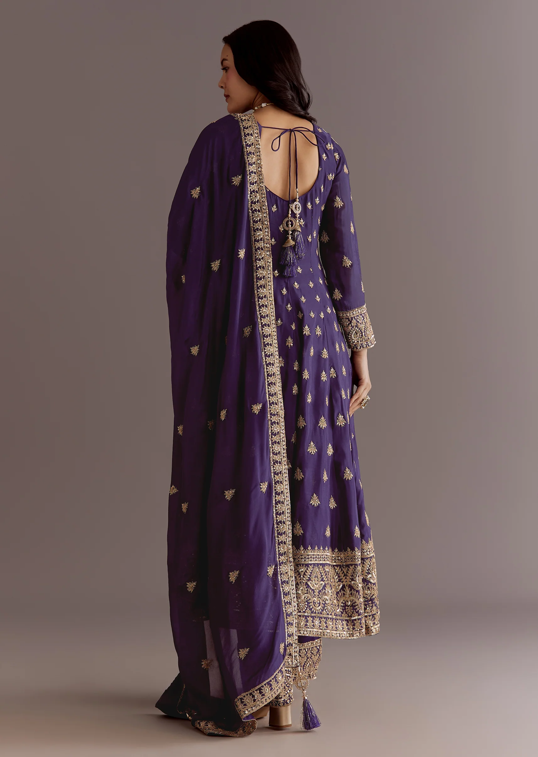 Purple Chinon Anarkali Dupatta Suit With Sequin Work - Image 5