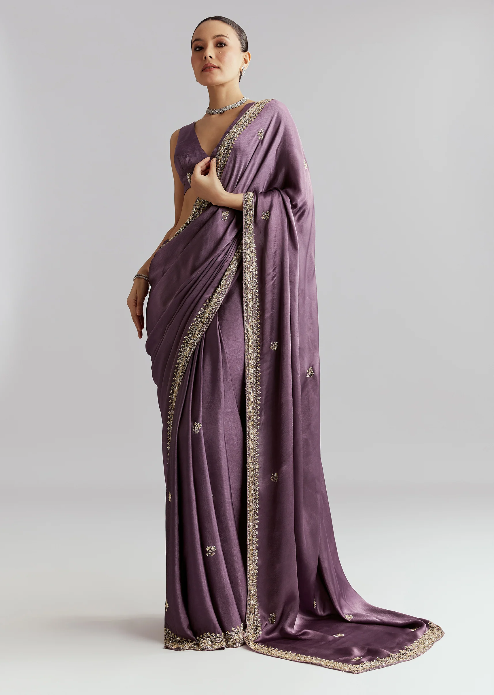 Purple Chinon Saree With Heavy Hand Embroidery