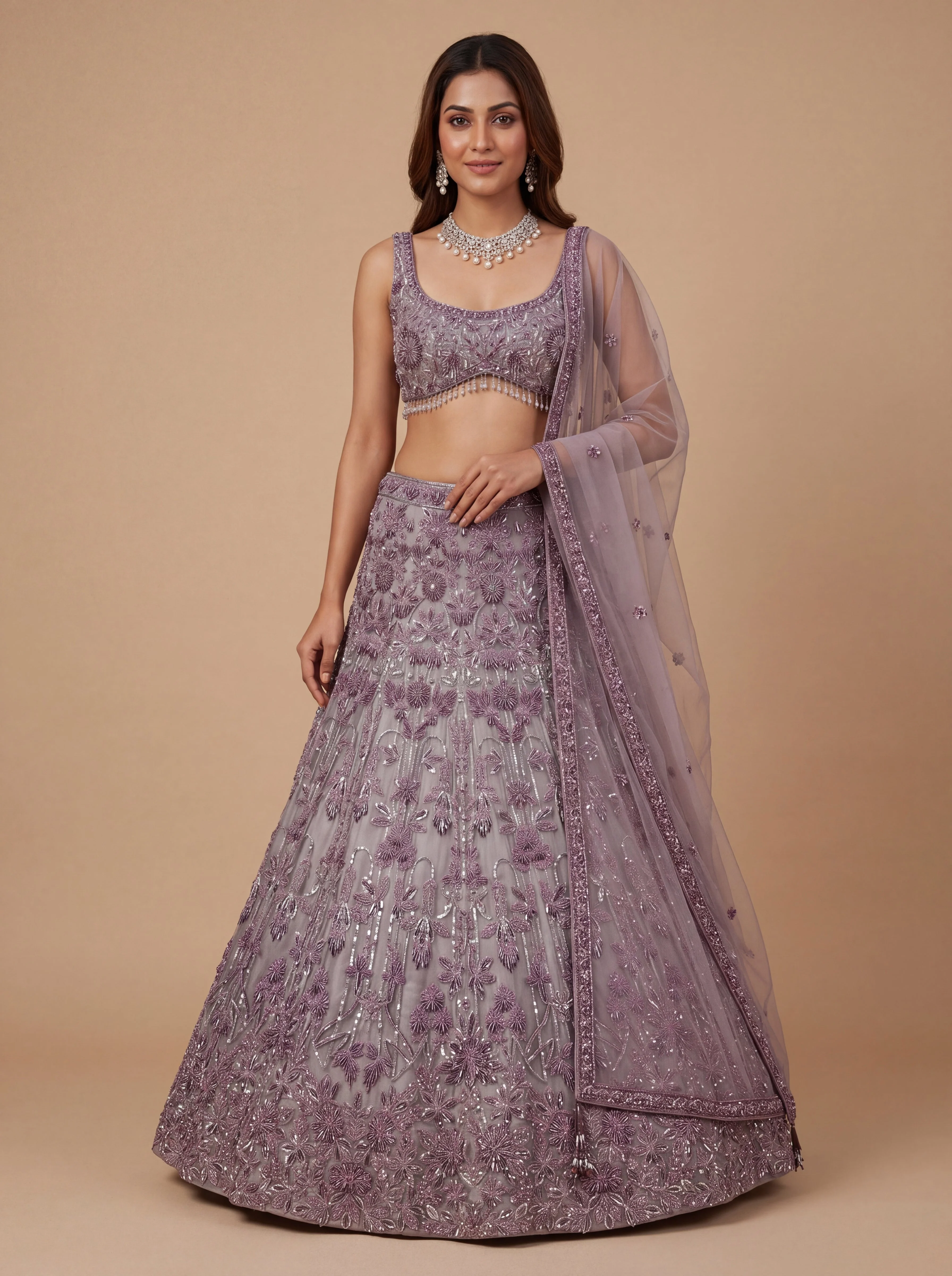 Purple Contemporary Bridal Lehenga With Floral Embroidery Soft Volume