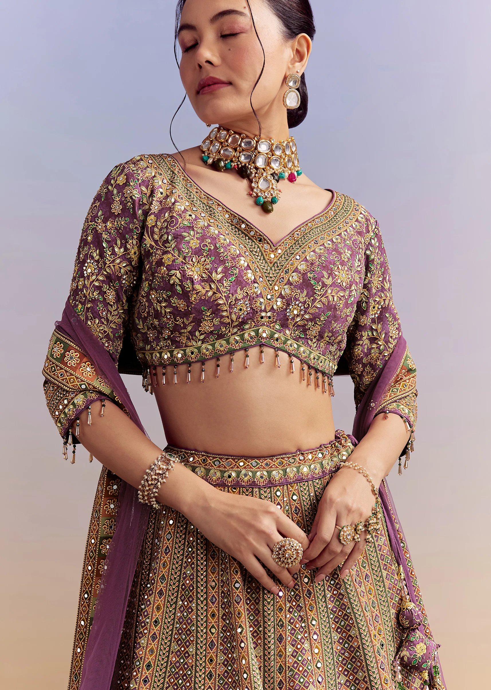Purple Crepe Printed Bridesmaid Lehenga With Heavy Hand Embroidery - Image 3