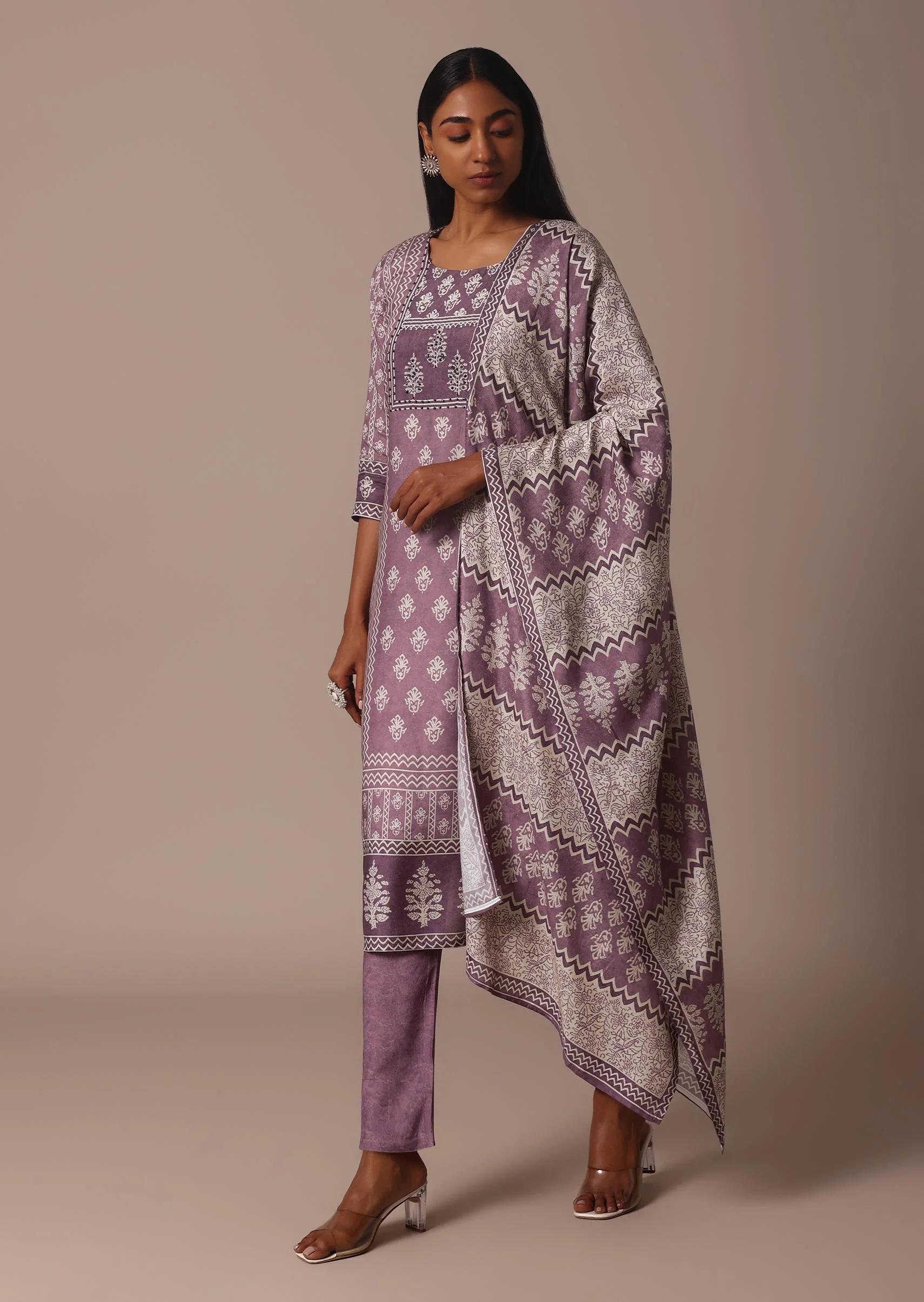 Purple Crepe Printed Kurti Pant Set With Cutdana Detail - Image 3