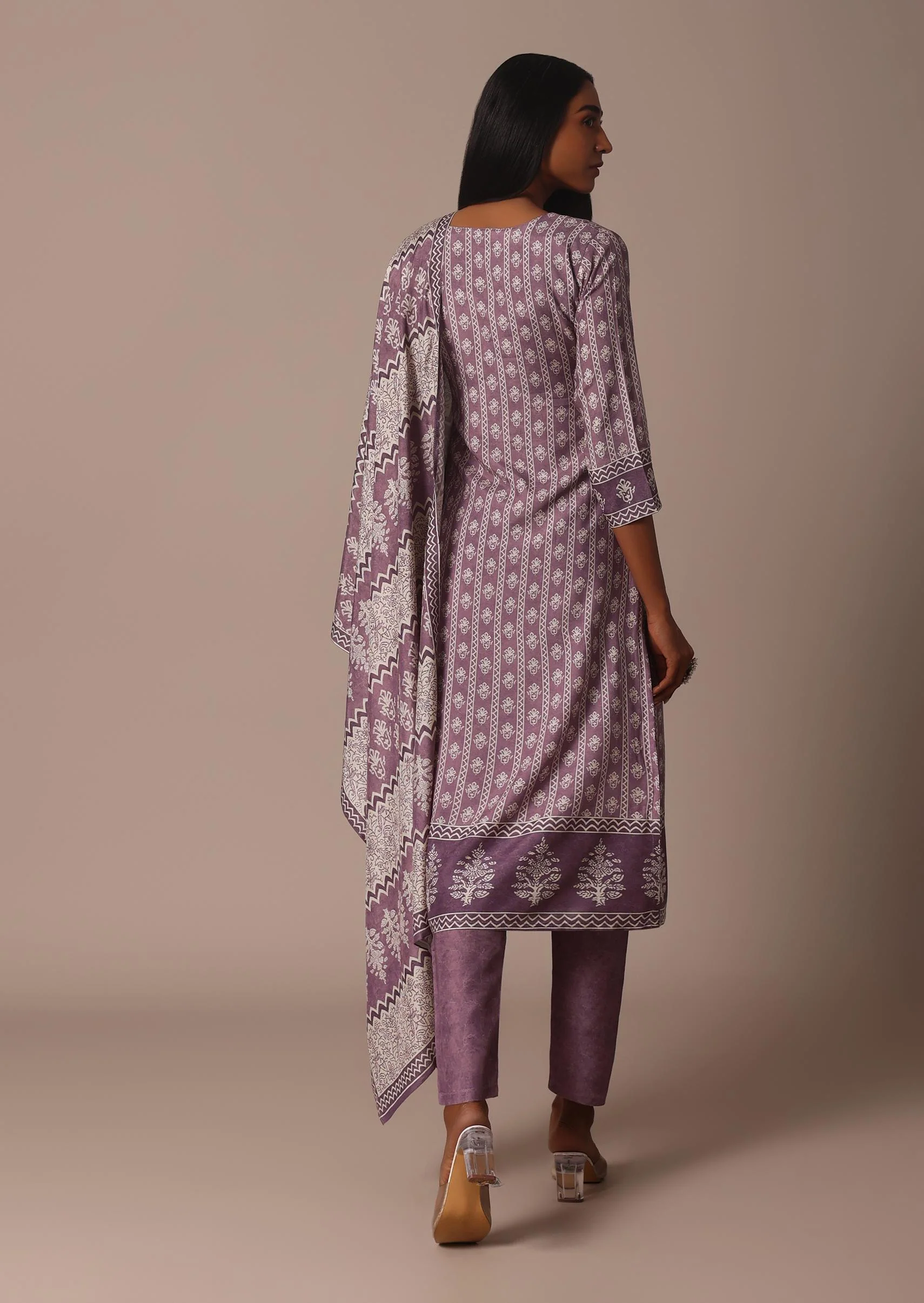 Purple Crepe Printed Kurti Pant Set With Cutdana Detail - Image 5