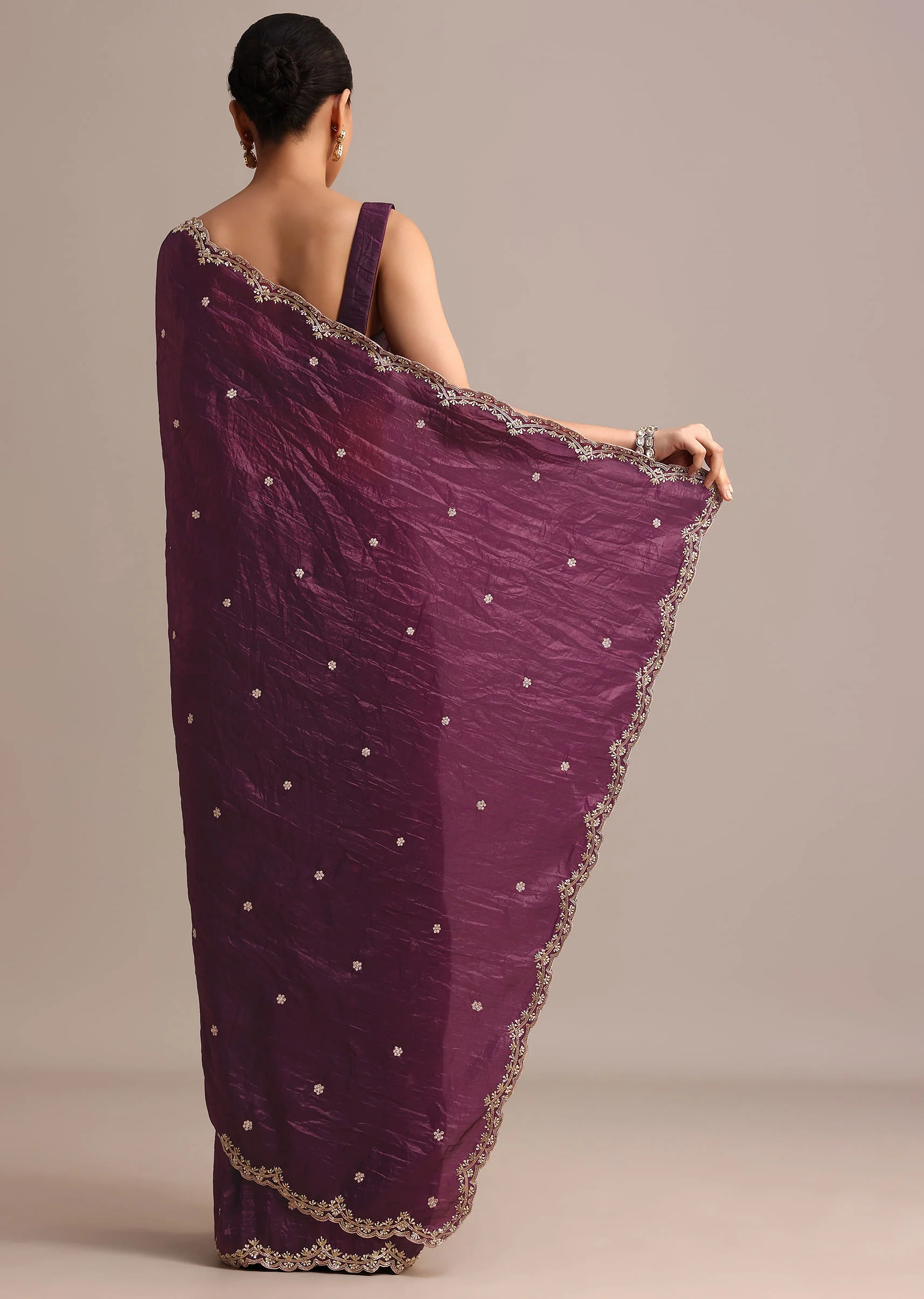 Purple Crushed Tissue Saree With Sequin And Cutdana Embroidered Border - Image 6