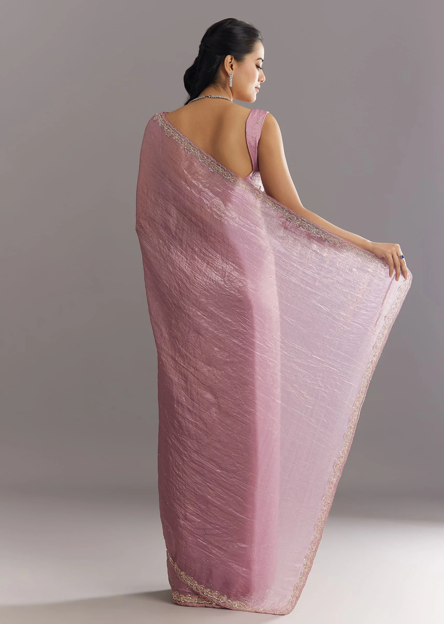 Purple Crushed Tissue Saree With Stone Embellishment And Embroidered Border - Image 6