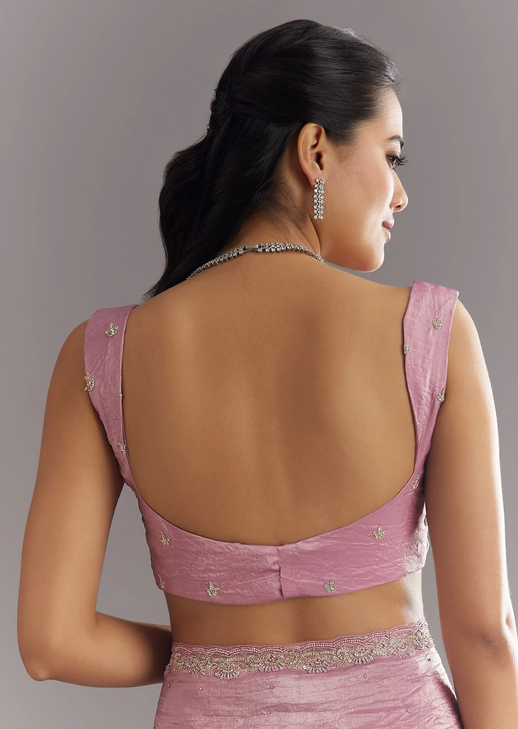 Purple Crushed Tissue Saree With Stone Embellishment And Embroidered Border - Image 8