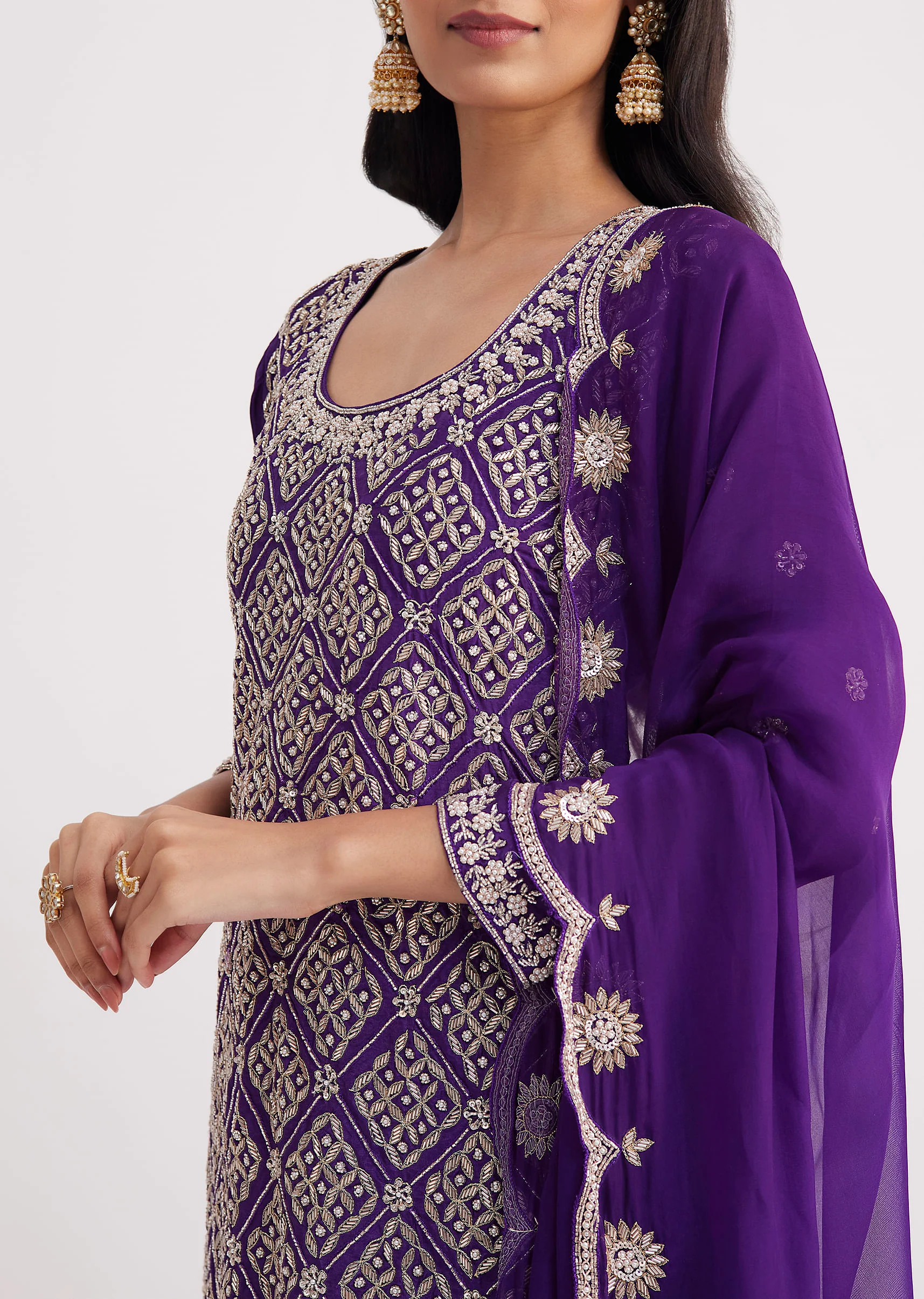 Purple Cutdana Embroidered Sharara Suit With Organza Dupatta - Image 2