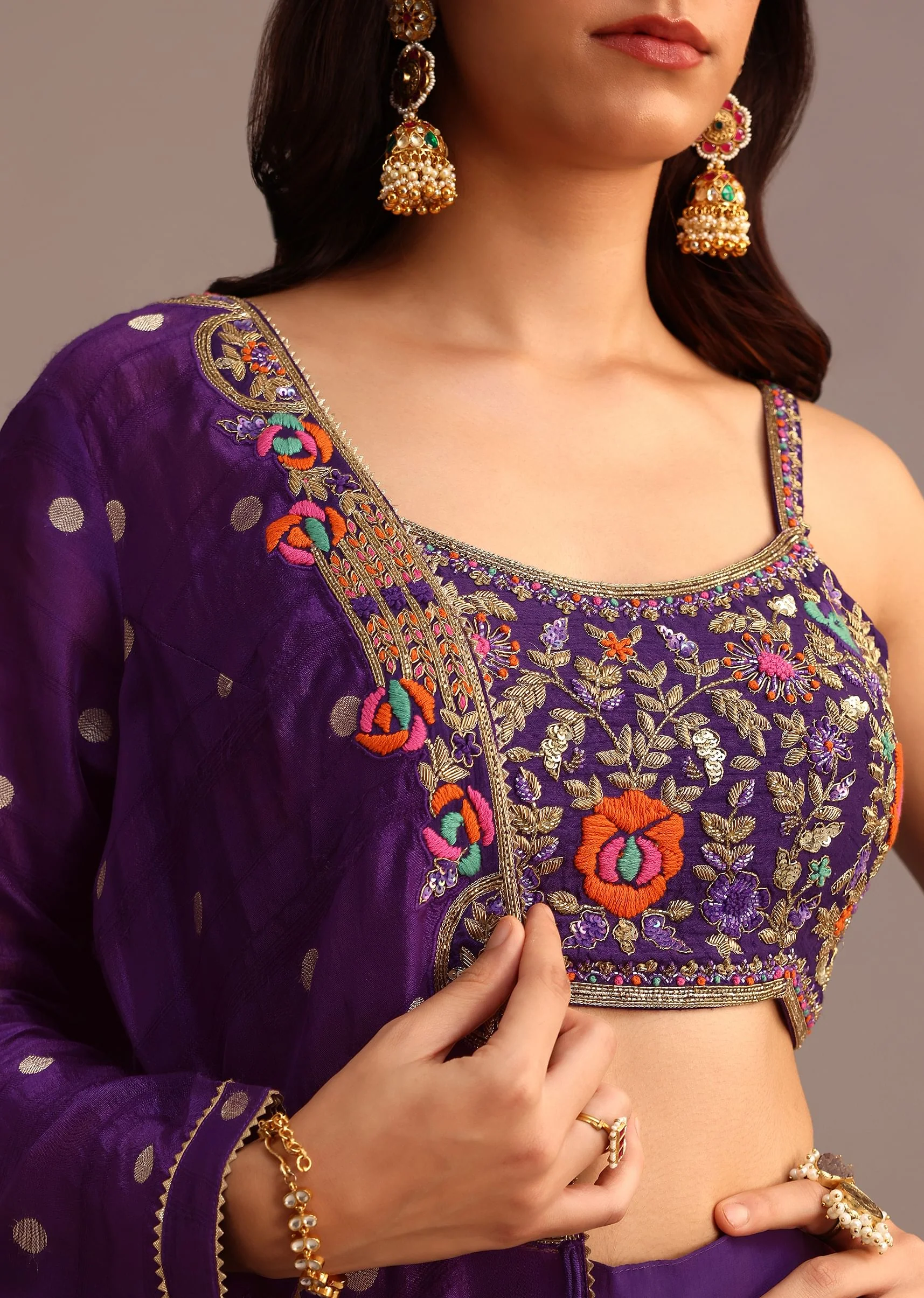 Purple Embroidered Croptop With Drape Skirt And Tussar Jacket - Image 2