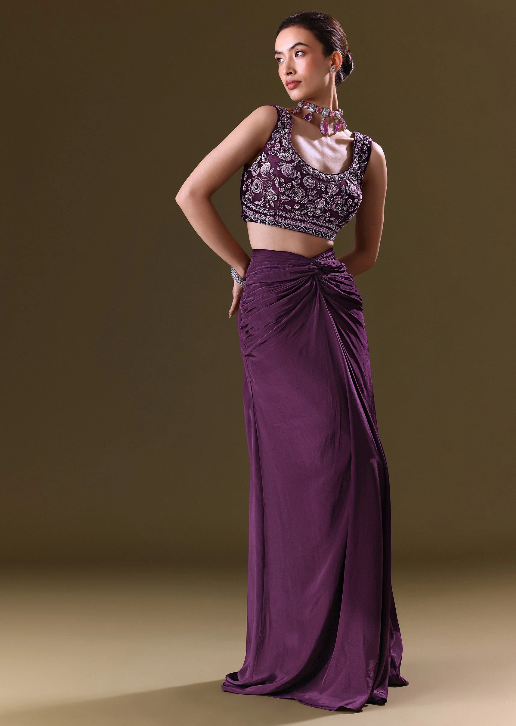Purple Embroidered Drape Skirt With Embroidered Net Cape - Image 6