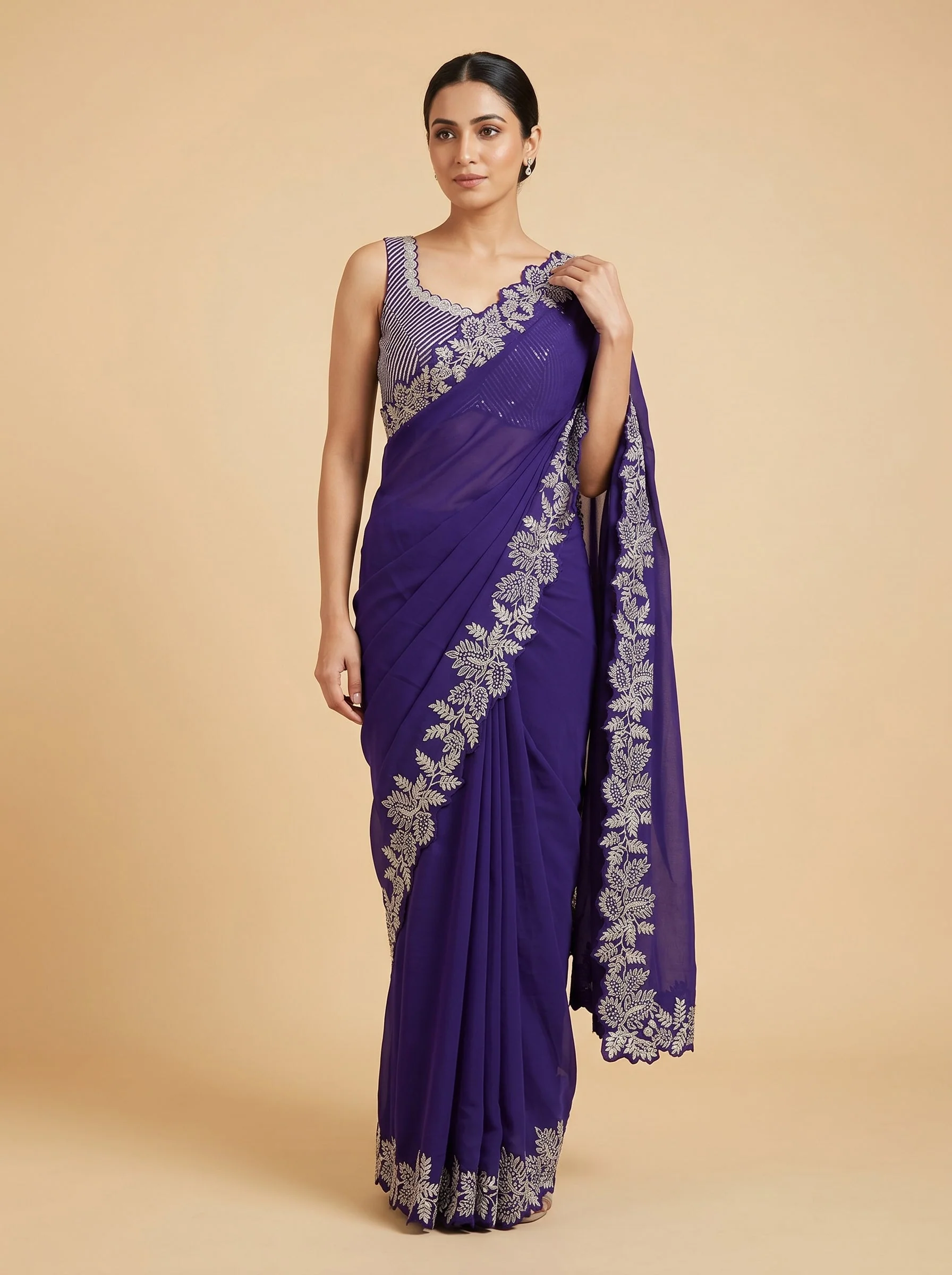 Purple embroidered saree with floral work