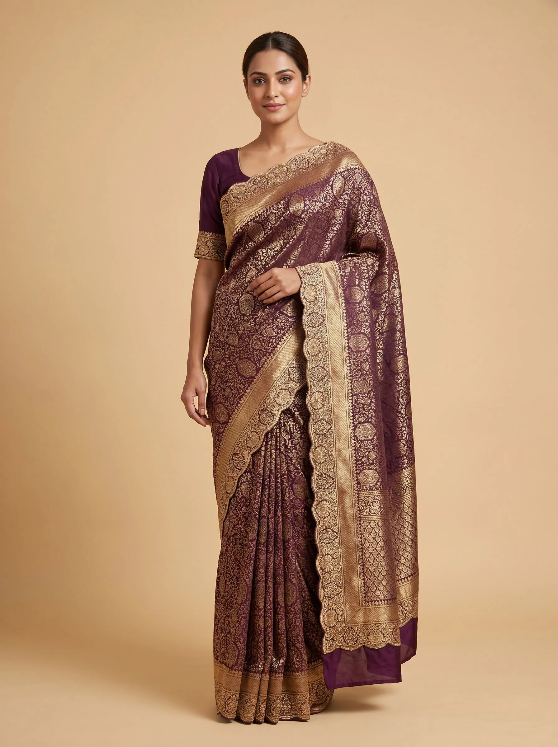 Purple Embroidered Saree With Gold Border