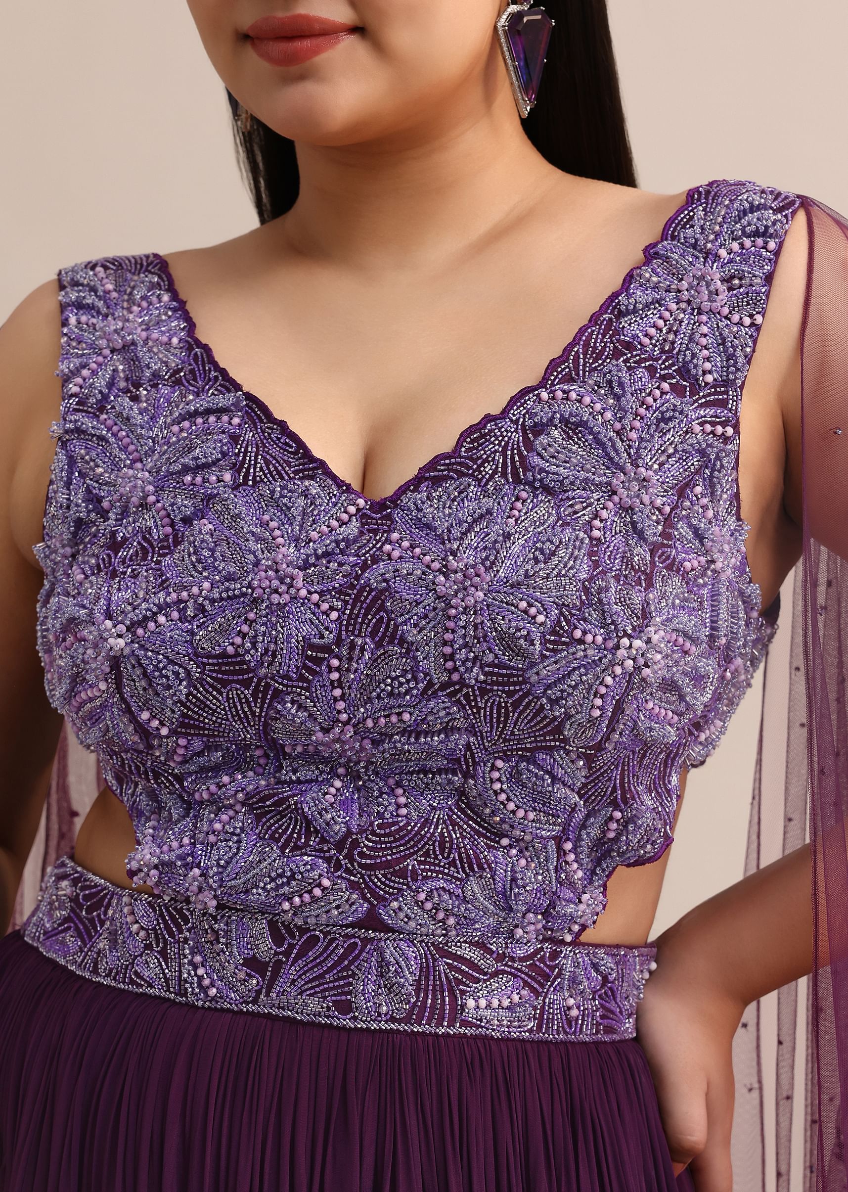 Purple Embroidered V Neck Gown With Side Cut - Image 2