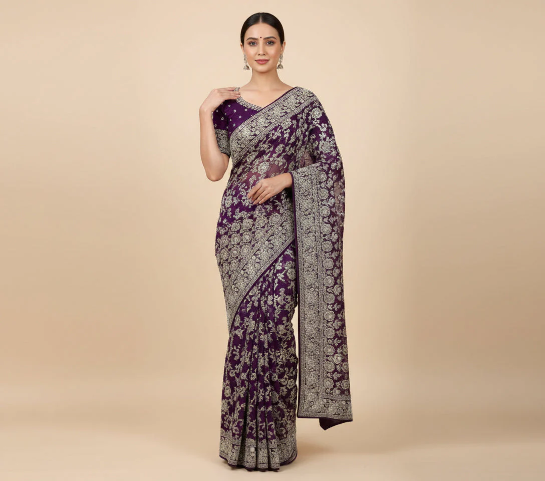 Purple Eye Catching Embroidered Saree