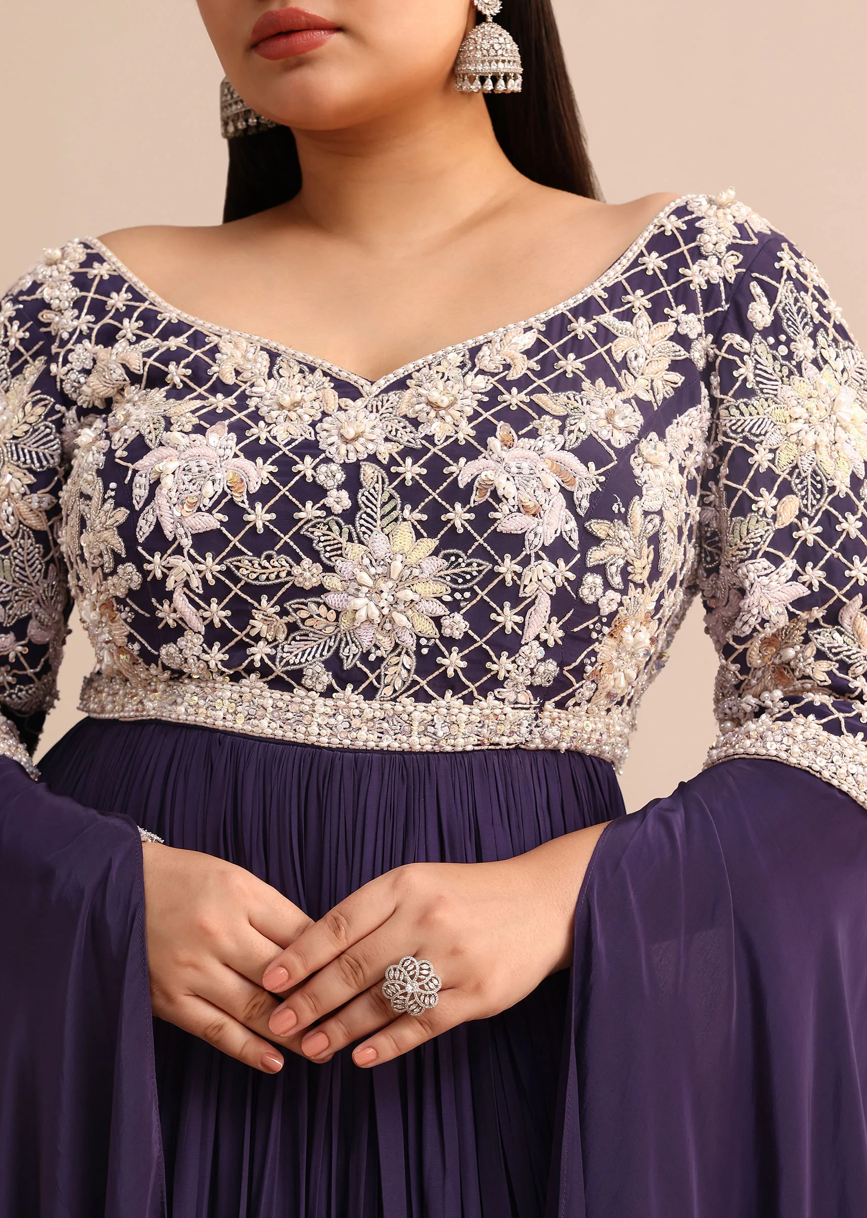 Purple Gown With Cape Style Sleeves in Jaal Work - Image 2