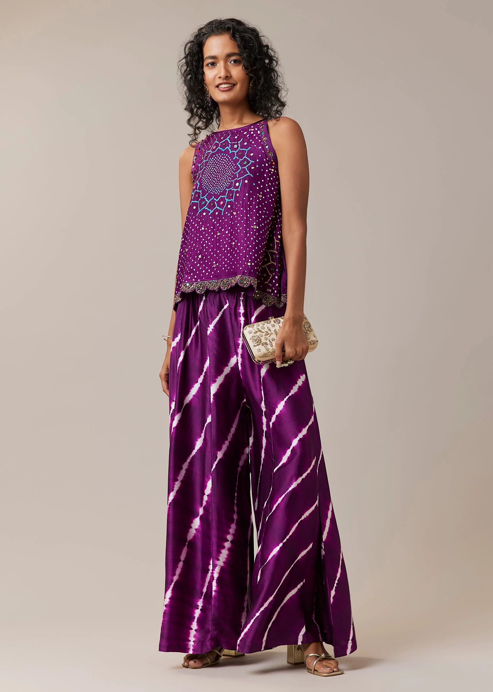 Purple Hand Dyed Bandhani Top and Leheriya Palazzo Co-ord Set with Sequins - Image 3