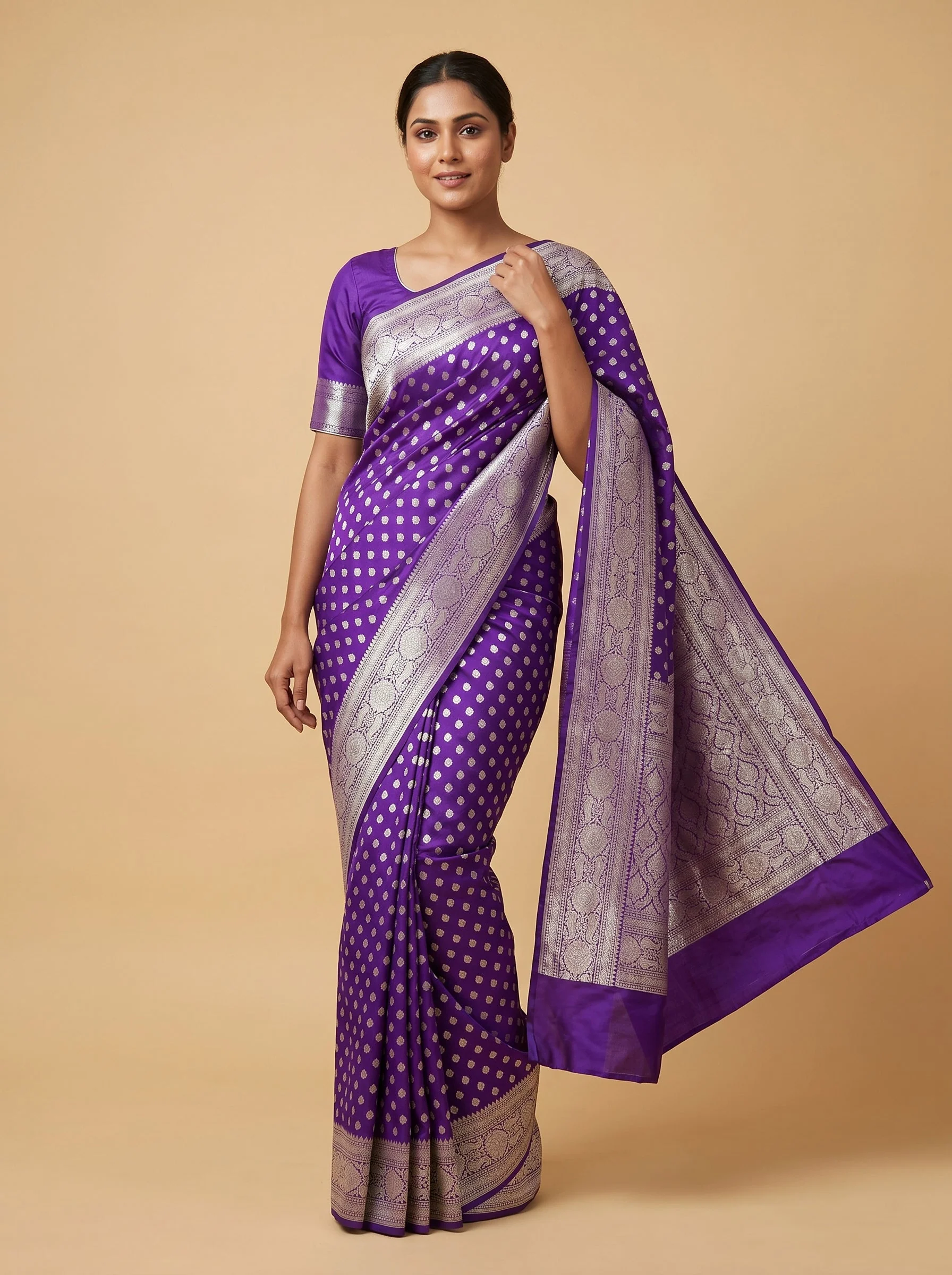 Purple handloom saree with contrast border