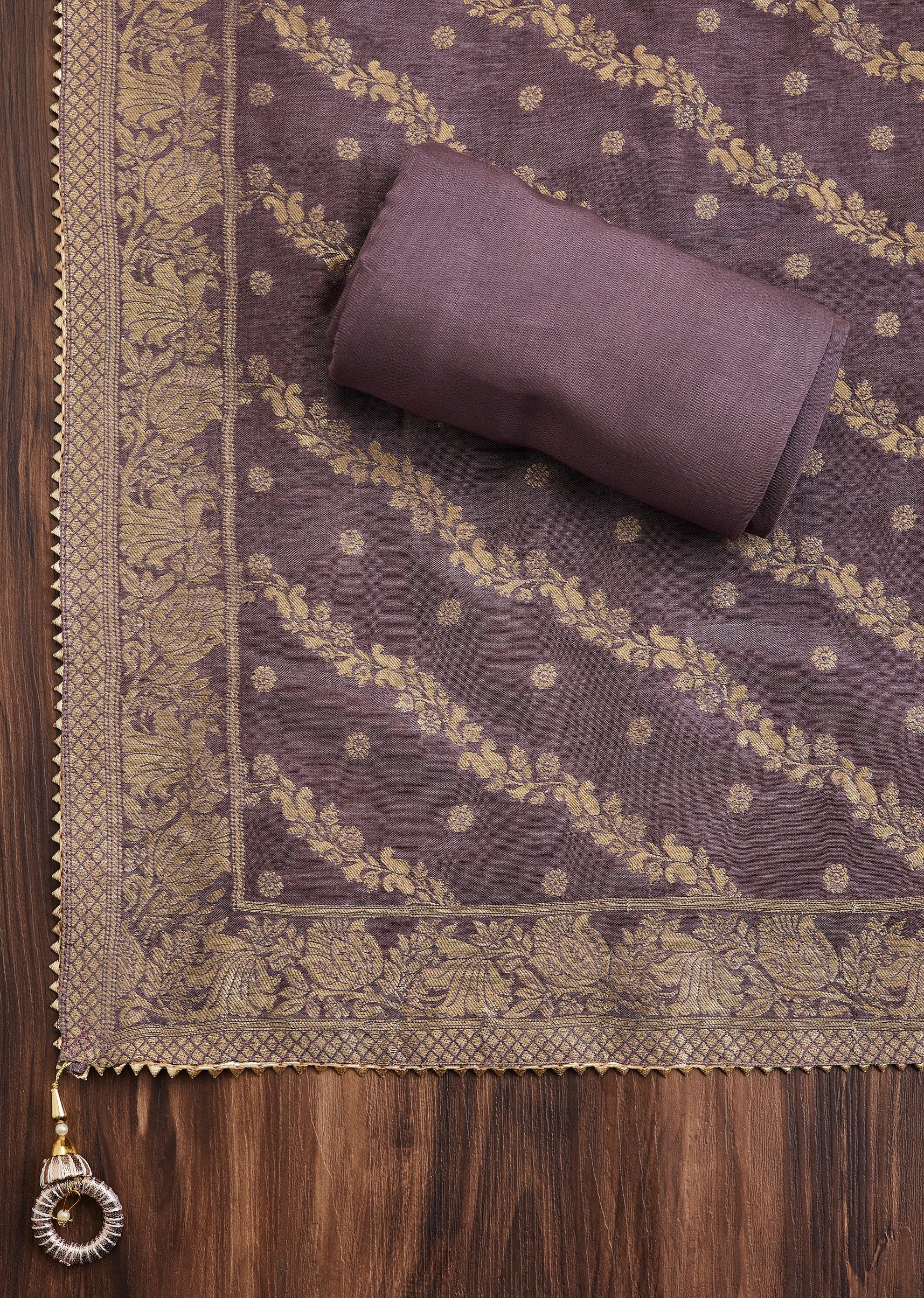 Purple Intricate Embroidered Chanderi Unstitched Suit - Image 3