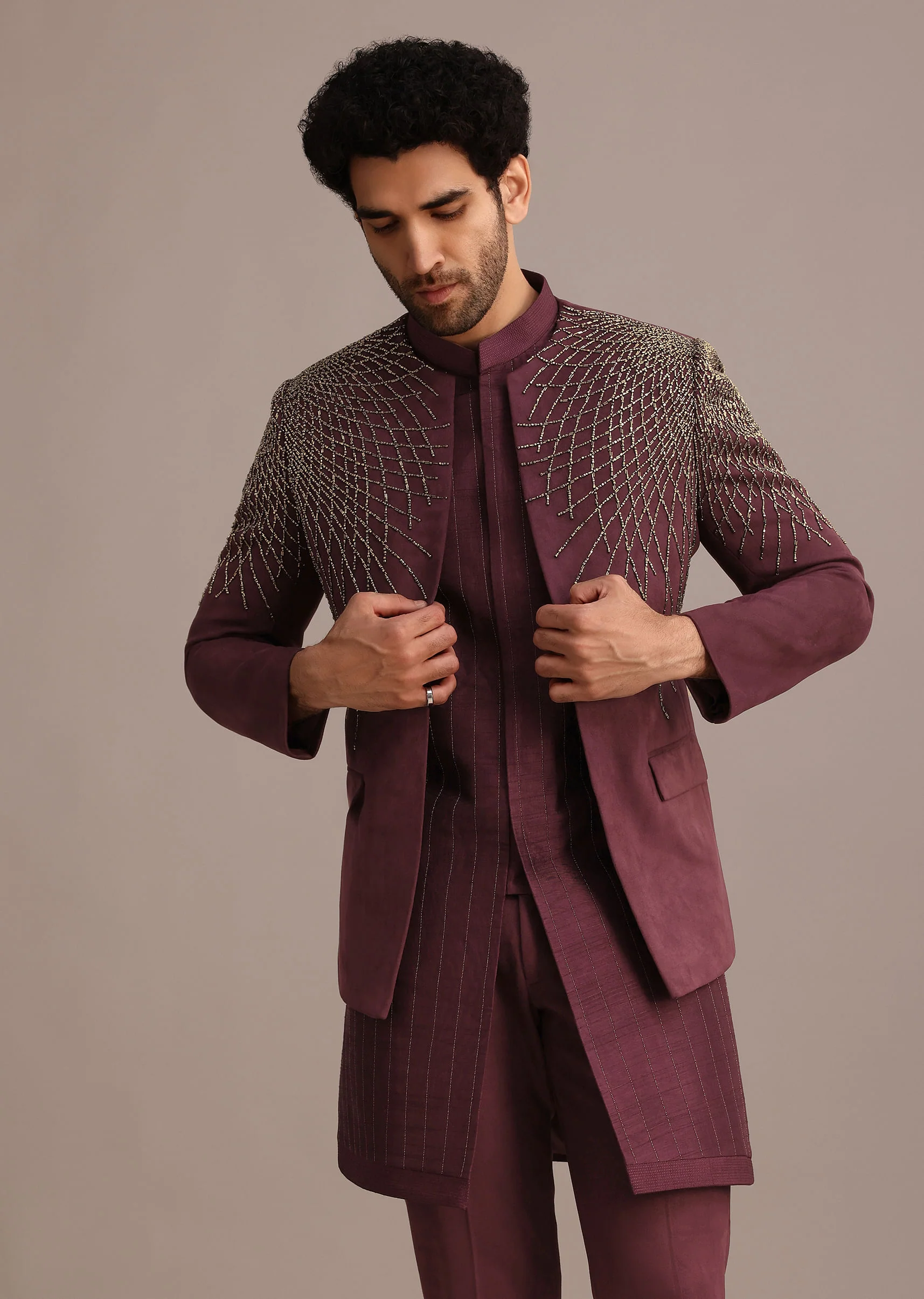 Purple Jacquard Indo Western Set With Zardozi Embroidery - Image 4