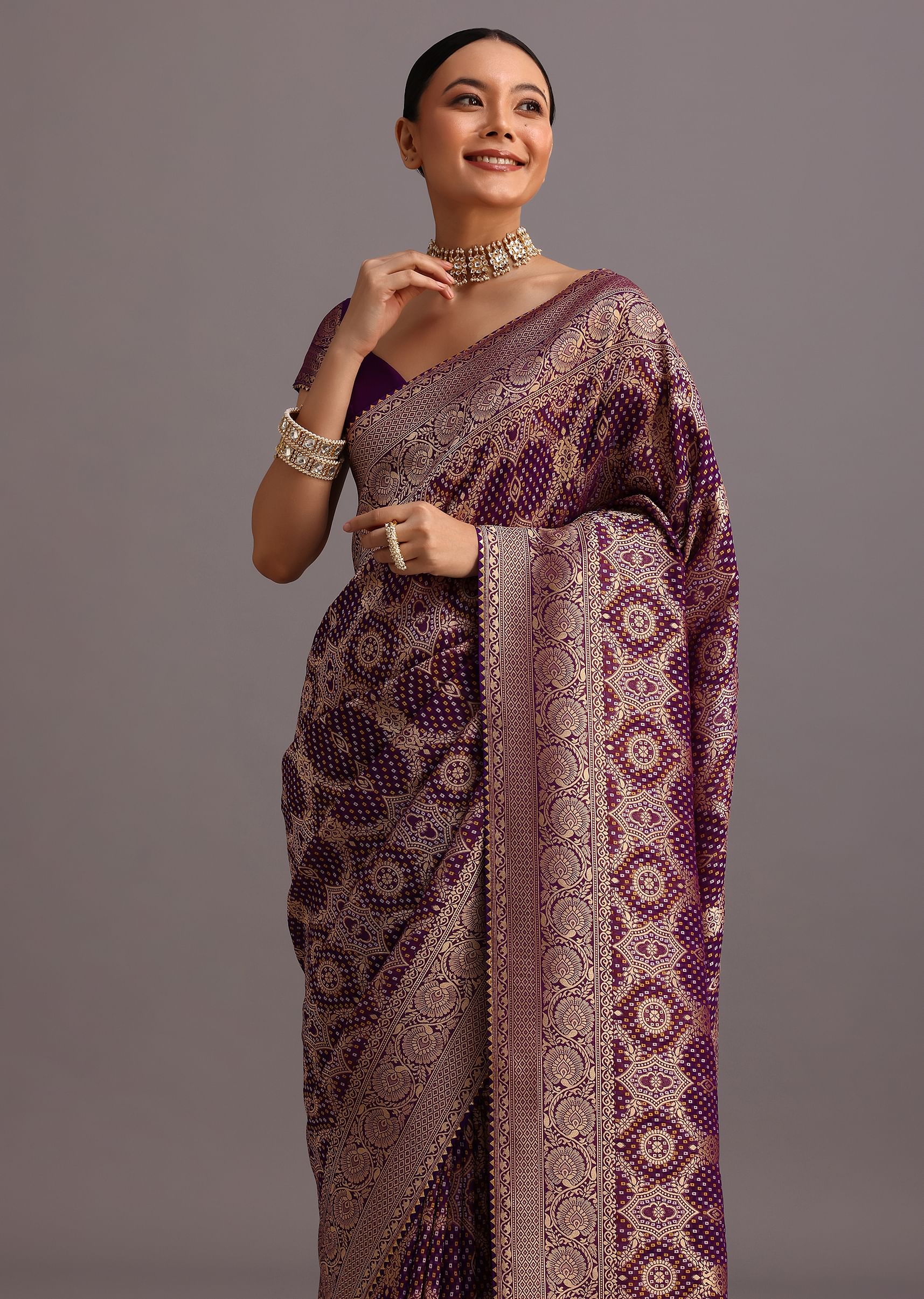 Purple Khaddi Georgette Woven Saree In Bandhani Detail With Gotta Patti Border - Image 5