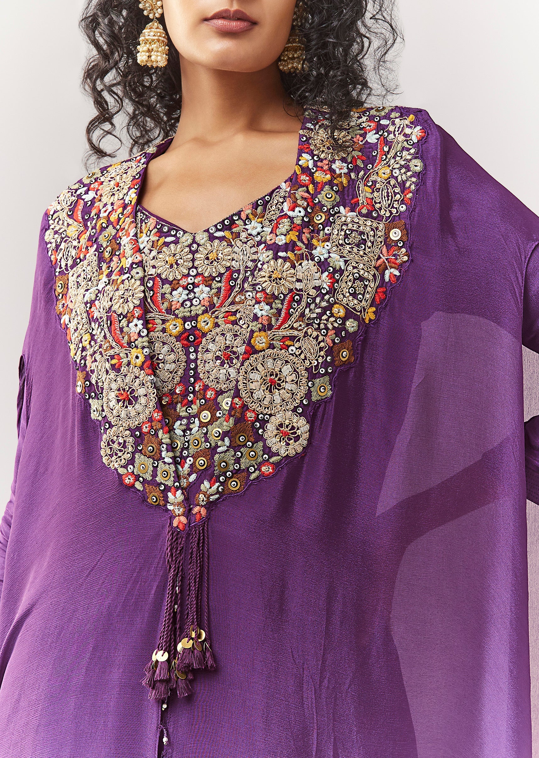 Purple Kurta Cape Sharara Set With Thread And Zardosi Work - Image 2
