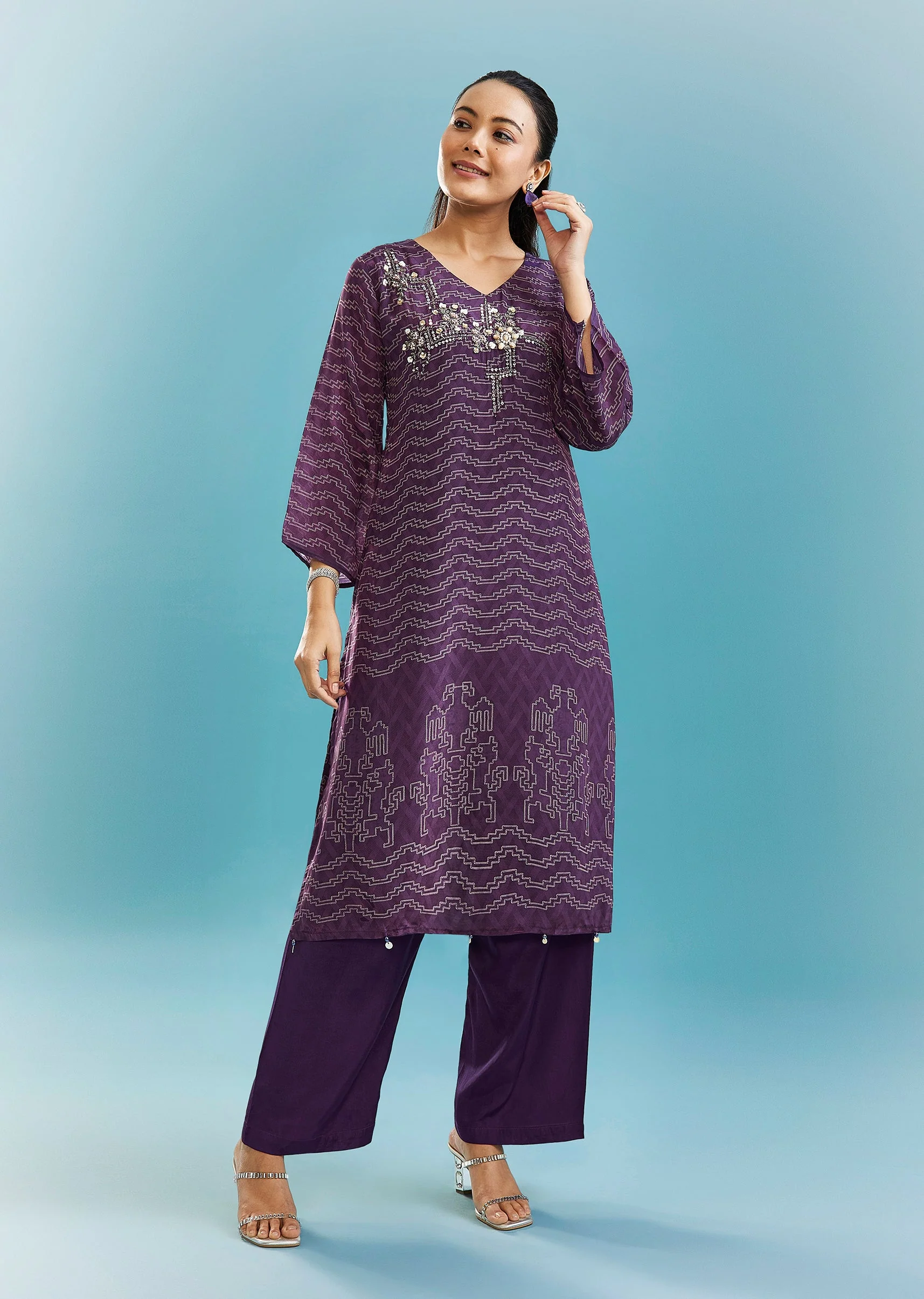 Purple Kurta Set With Cut Dana And Sequins Work - Image 3
