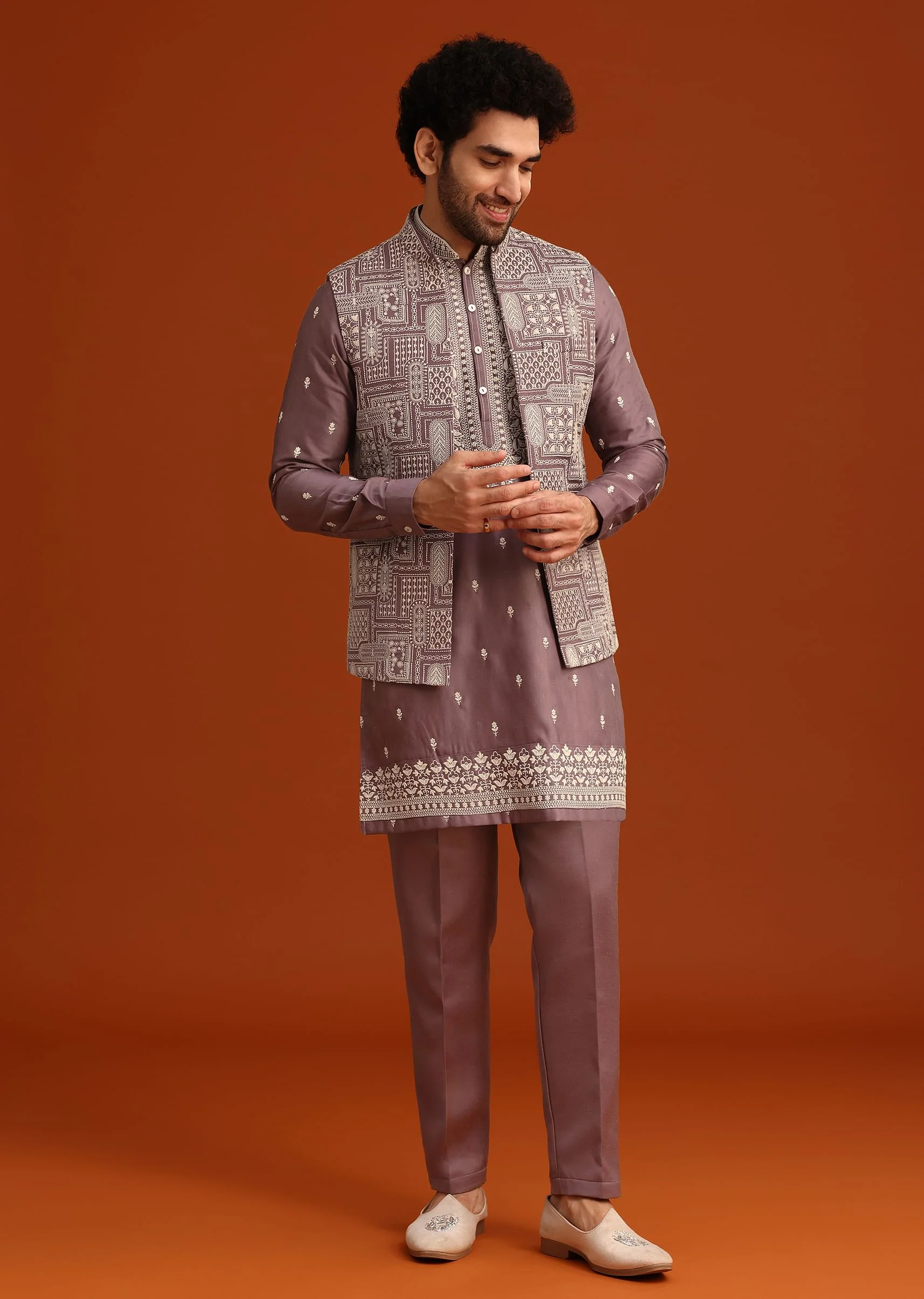 Purple Linen Satin Embroidered Jacket Kurta Set