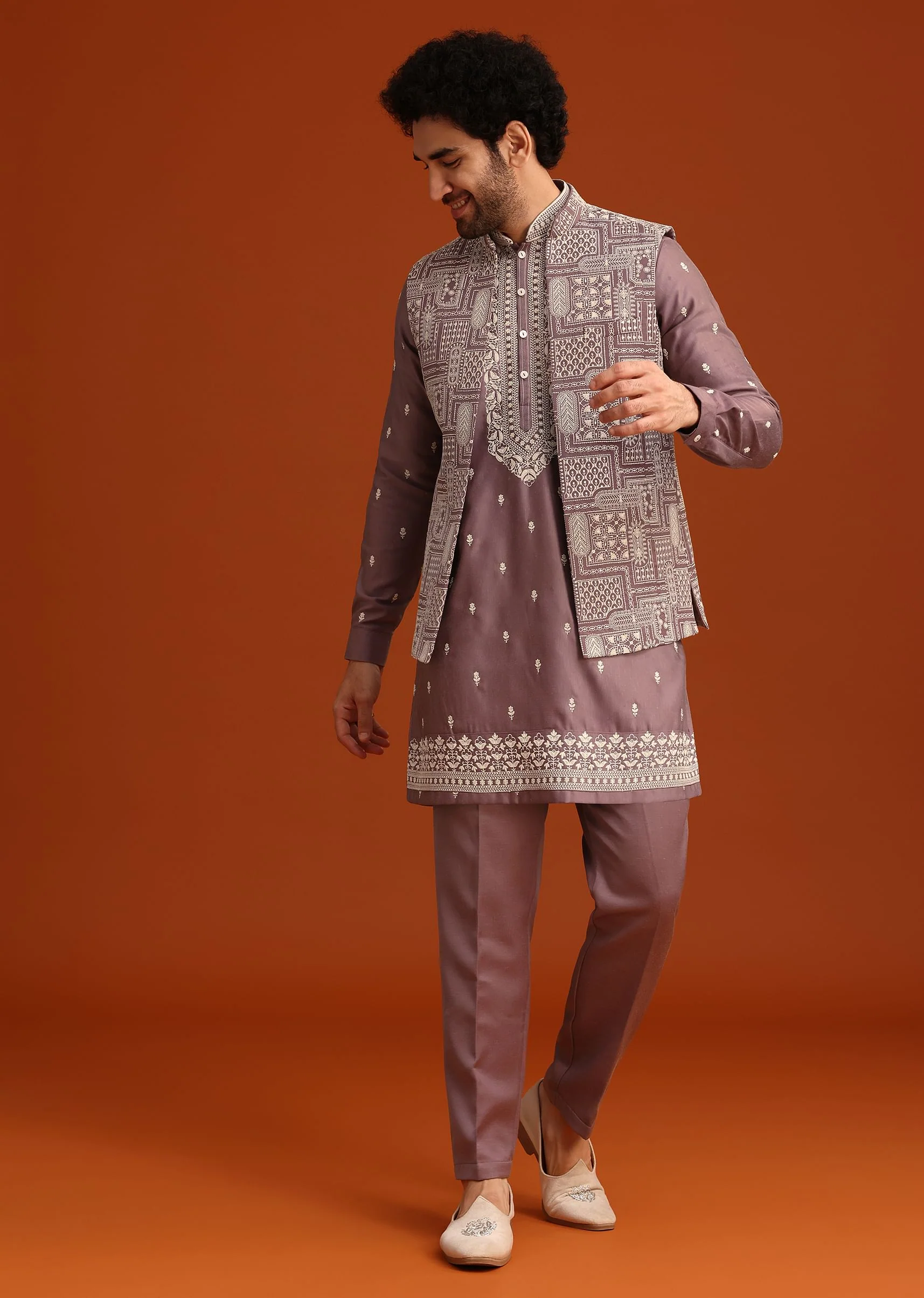 Purple Linen Satin Embroidered Jacket Kurta Set - Image 3