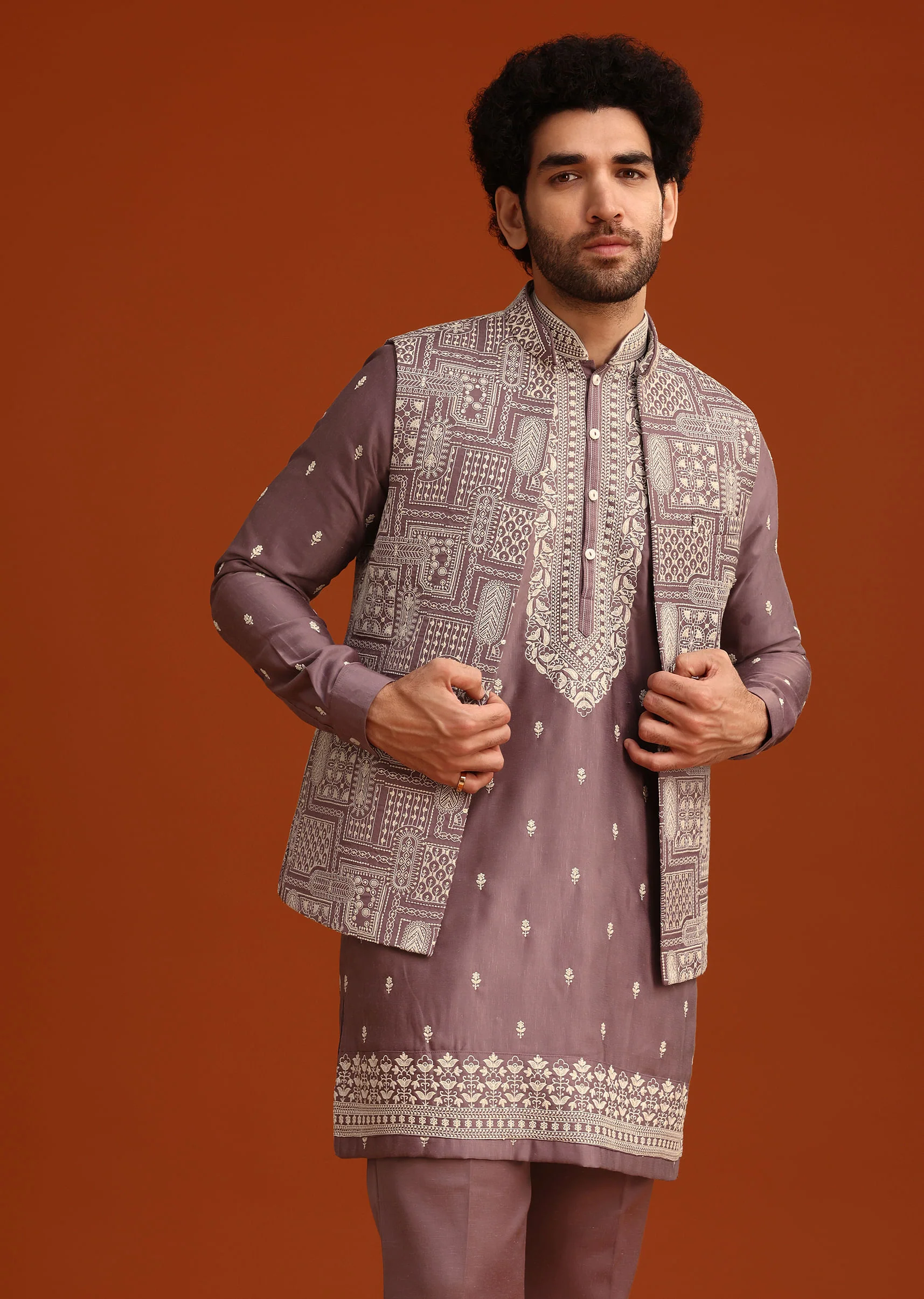 Purple Linen Satin Embroidered Jacket Kurta Set - Image 4