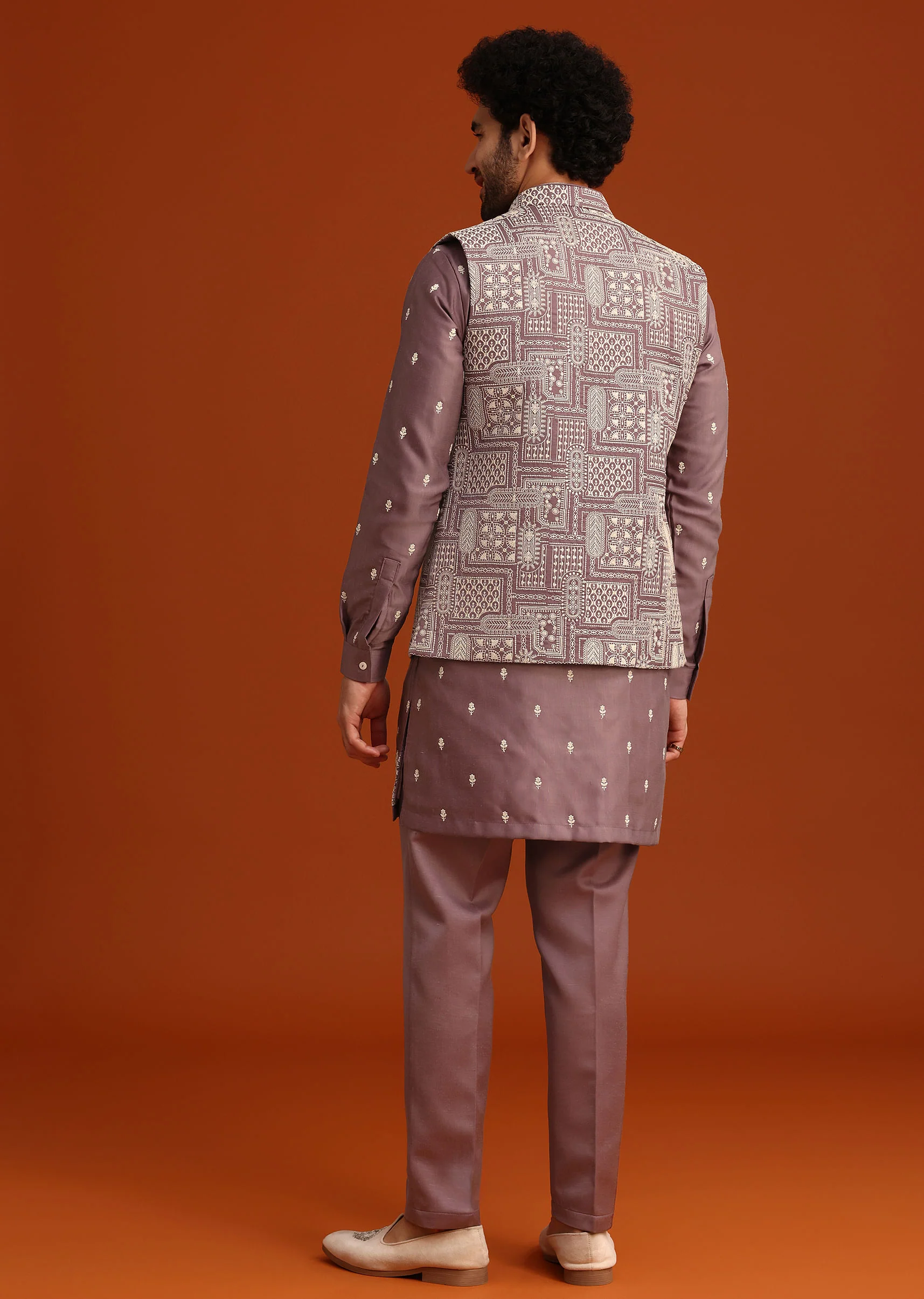Purple Linen Satin Embroidered Jacket Kurta Set - Image 5