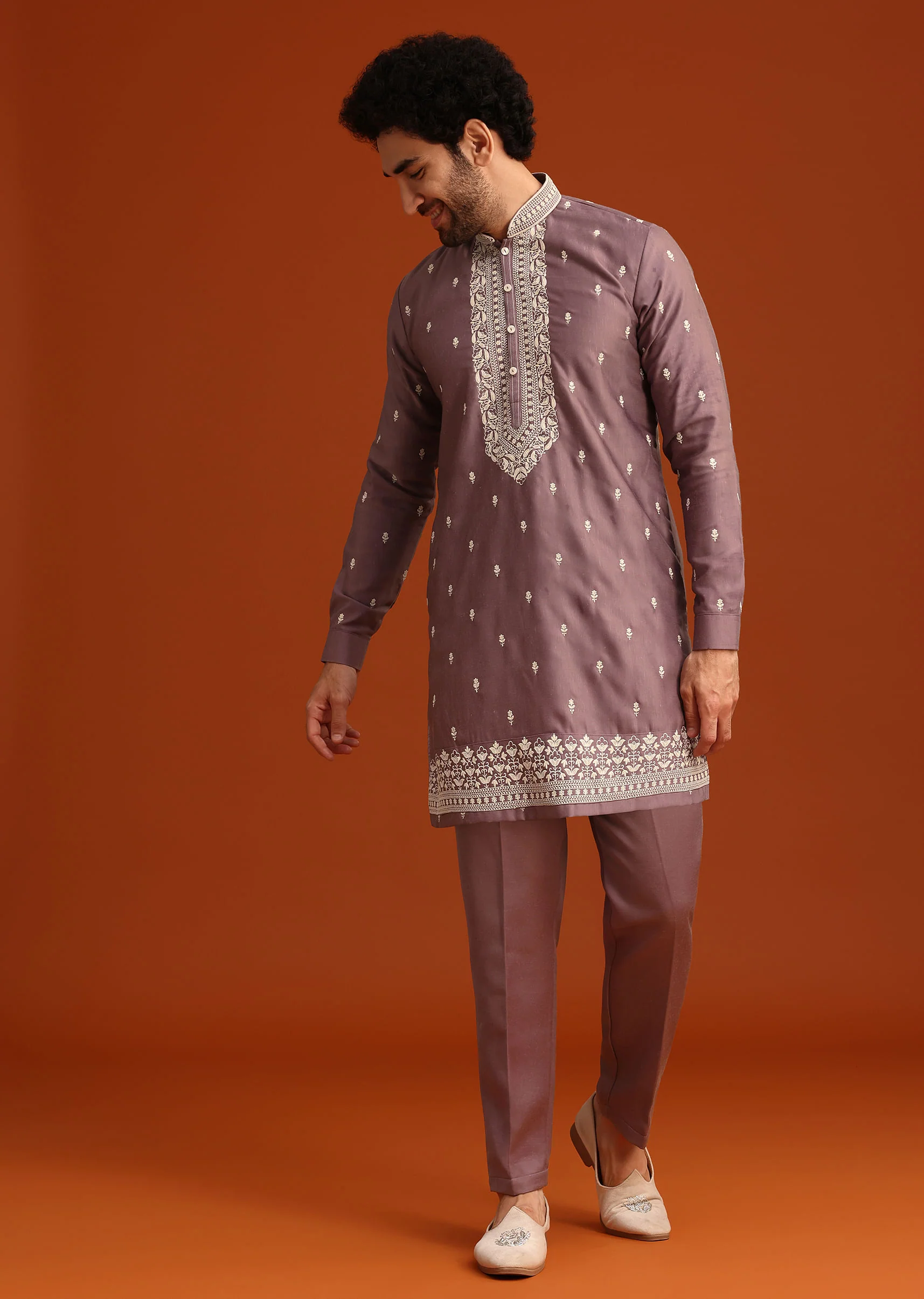 Purple Linen Satin Embroidered Jacket Kurta Set - Image 6