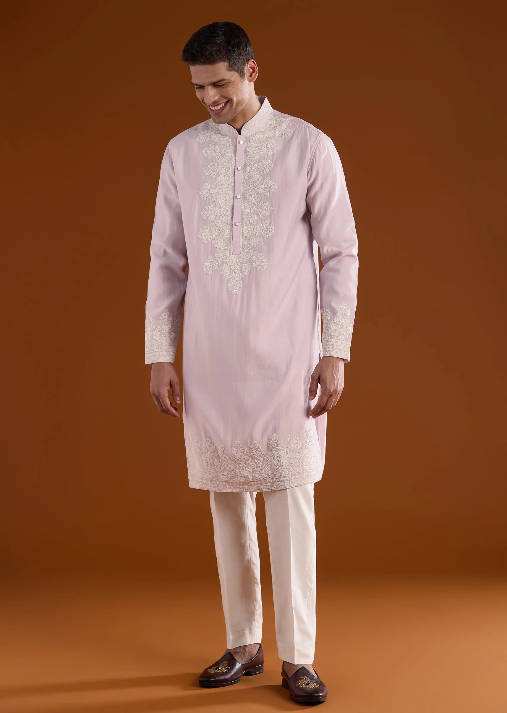 Purple Mens Kurta Set With White Thread Work - Image 4