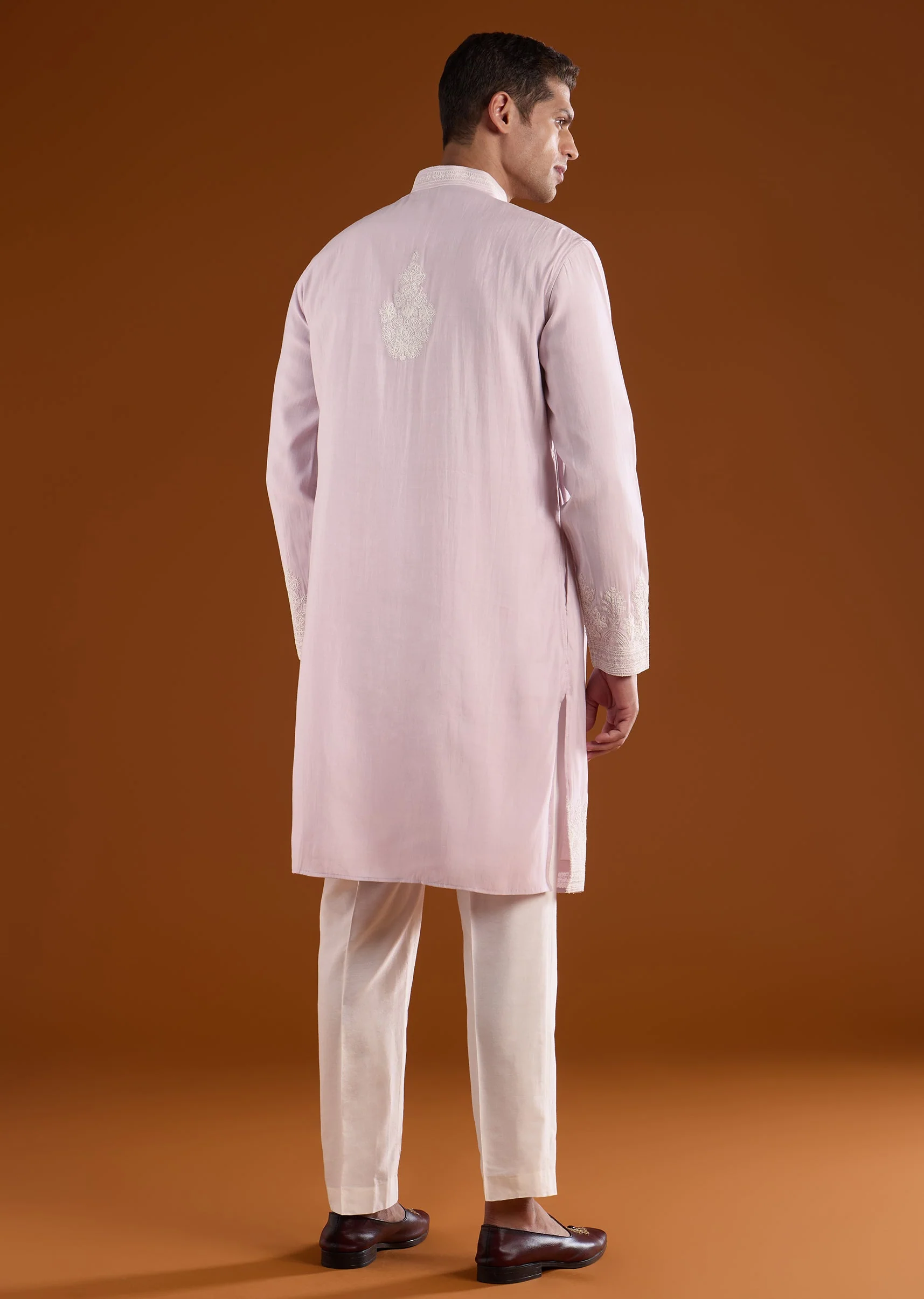 Purple Mens Kurta Set With White Thread Work - Image 5